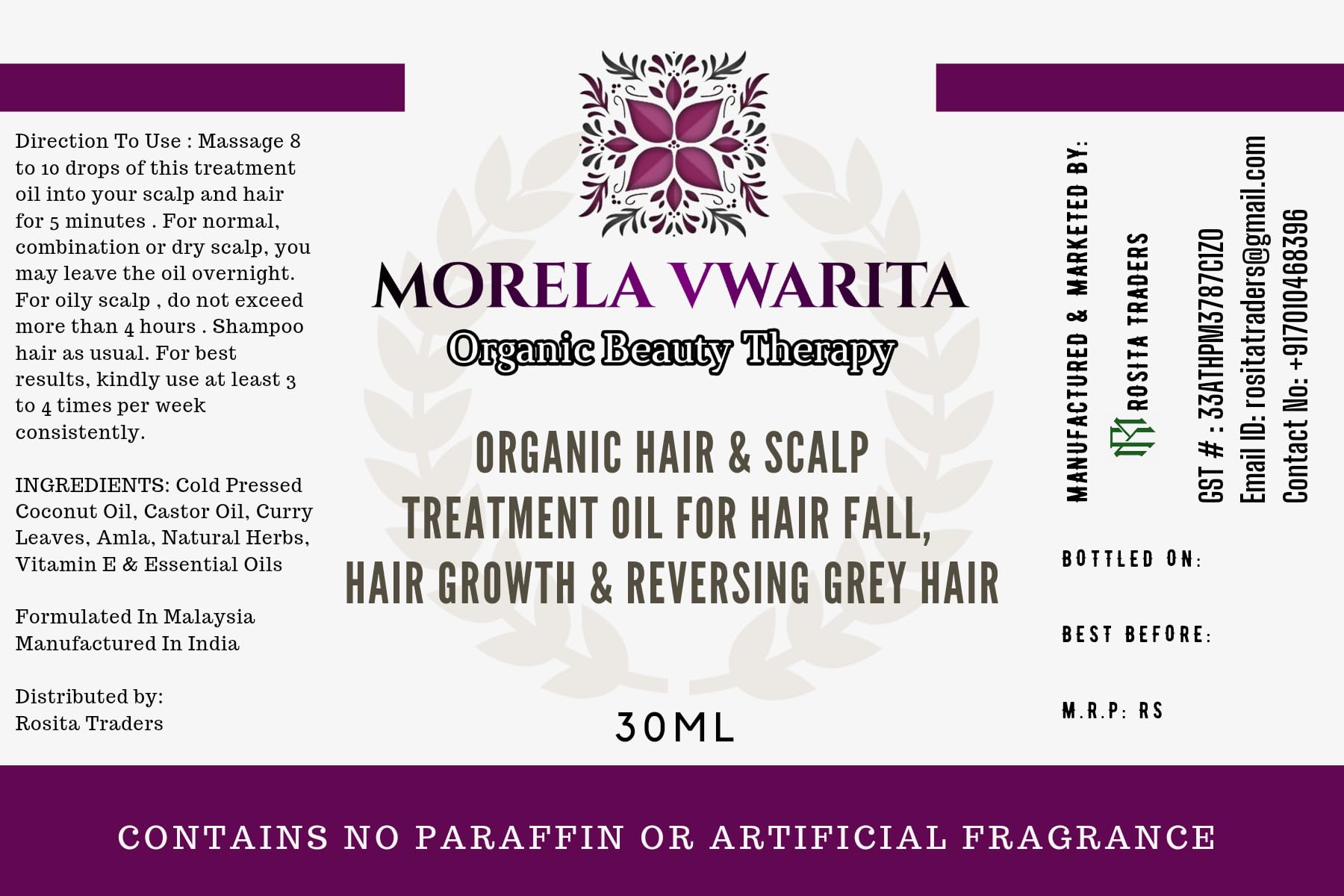 Organic Morela Vwarita Hair Growth Oil for Women - Natural Hair Fall Treatment & Scalp Care | Promotes Thicker, Stronger Hair for Daily Use & Styling