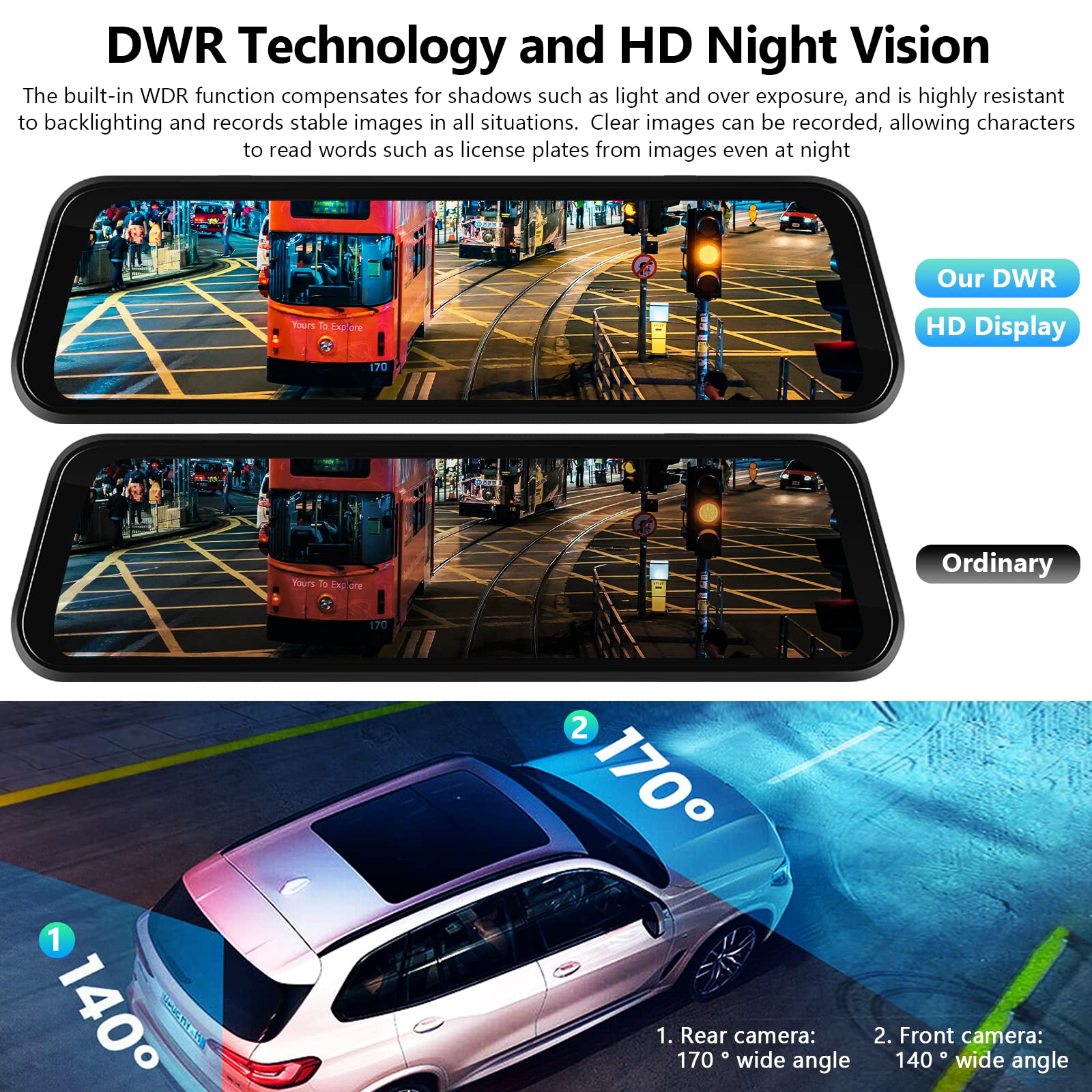9.66 Inch Wireless Bluetooth Carplay Dash Cam with Rearview Mirror & Reversing Camera - 1080P HD Touch Screen, Night Vision, G-Sensor, 32GB SD Card (140° Front/170° Rear View) - Perfect for Safe Driving, Parking Assistance & Road Trip Recording