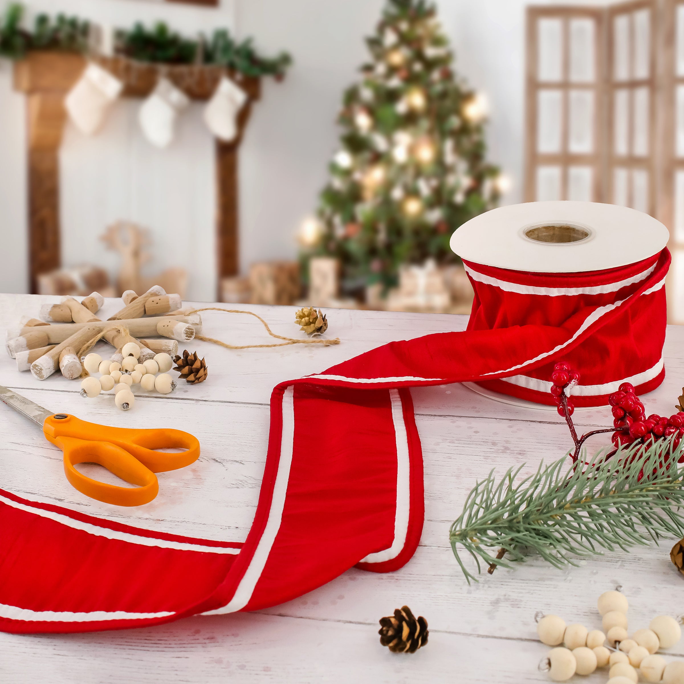 3 Inch HGTV Home Collection Dupioni Double Sided Ribbon - Red & White for Gift Wrapping, Wedding Decorations & DIY Crafts
