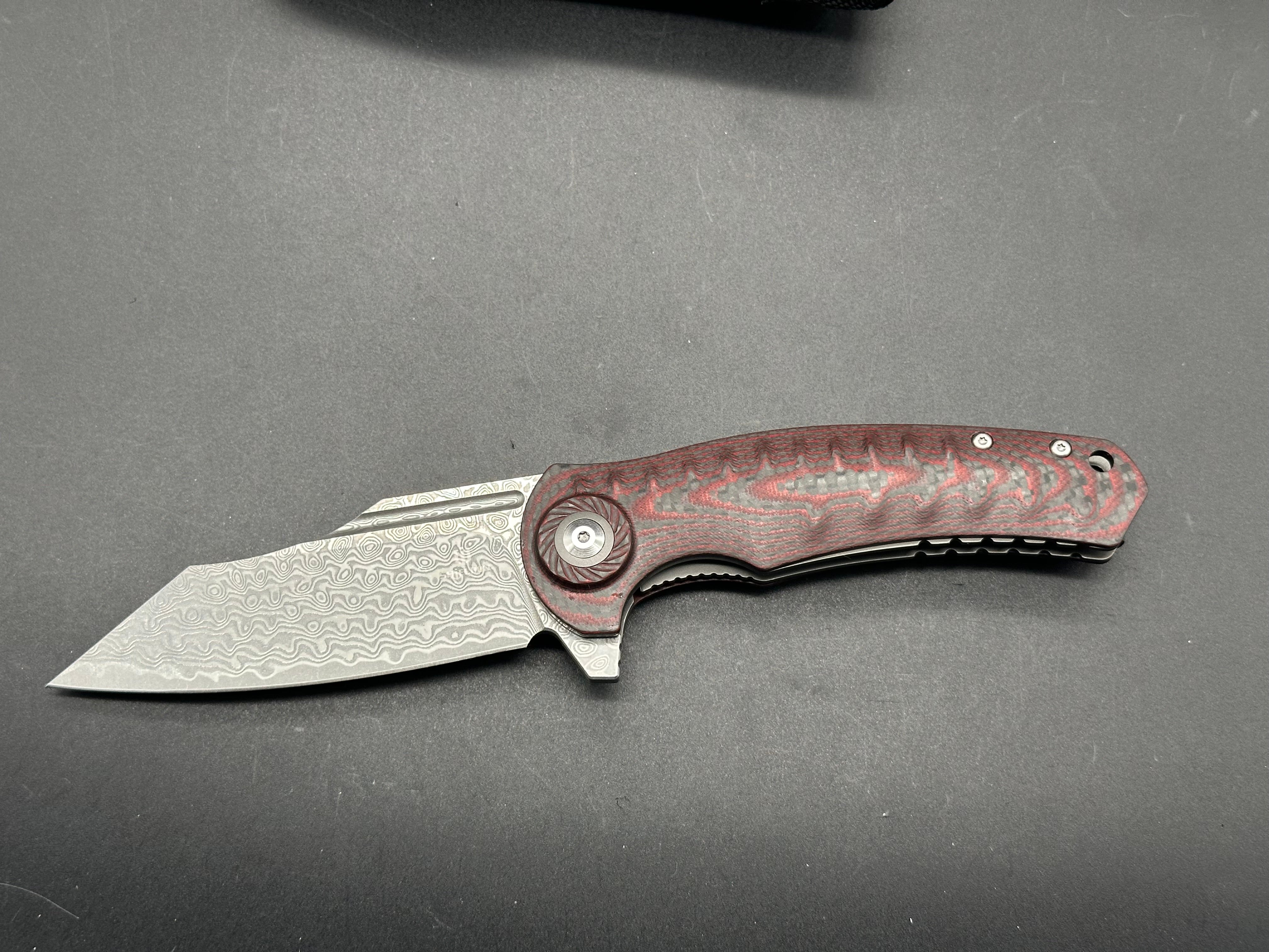 SHIELDON Tranchodon Folding Knife - Red Carbon Fiber & G10 Handle, Reverse Tanto Damascus Blade - EDC, Outdoor Camping, Hunting Survival Tool