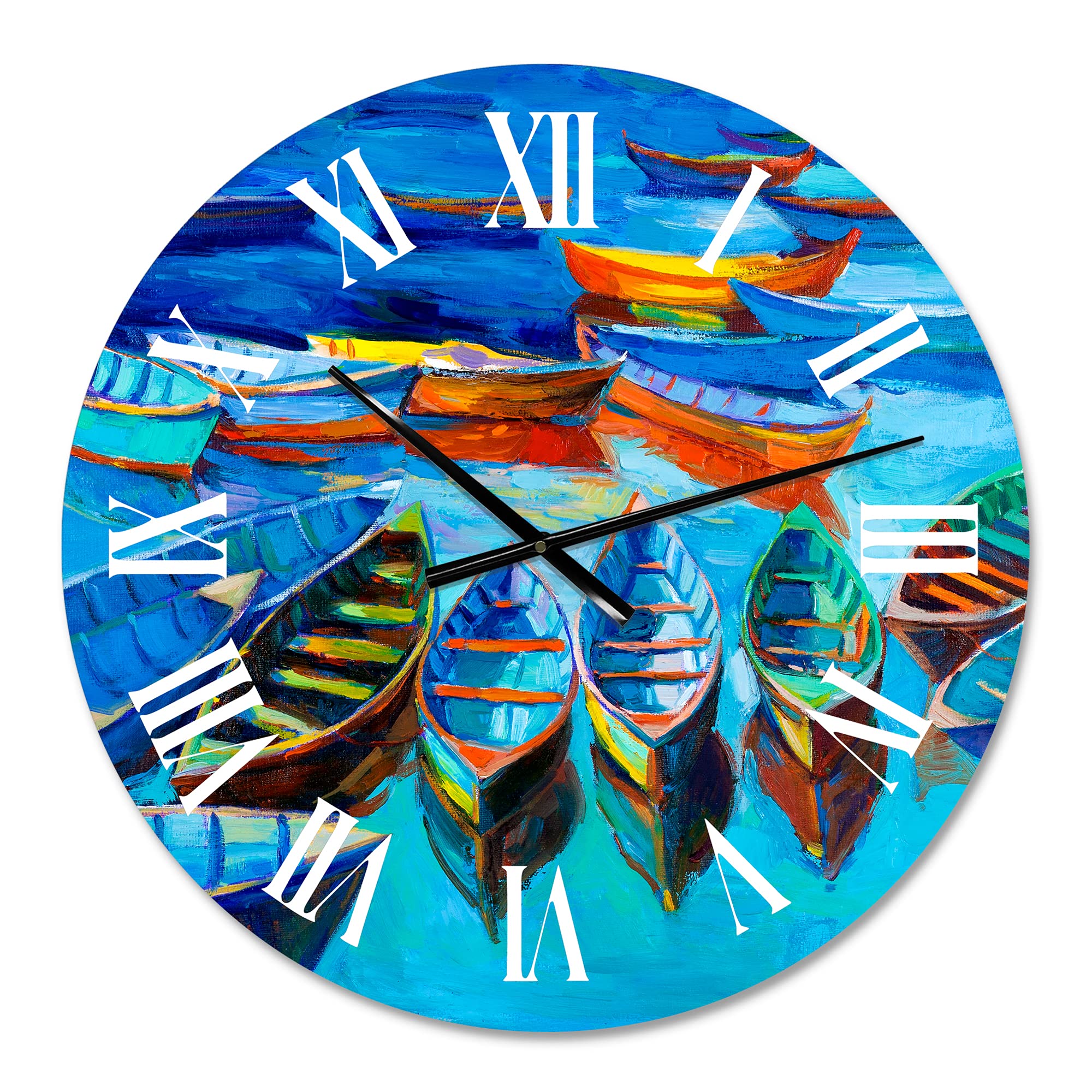 DesignQ Nautical Coastal Wall Clock - 'Little Boats Waiting in The Harbor' Blue Round Clock for Home, Office & Beach House Decor | Perfect for Living Room, Bedroom or Coastal-Themed Spaces
