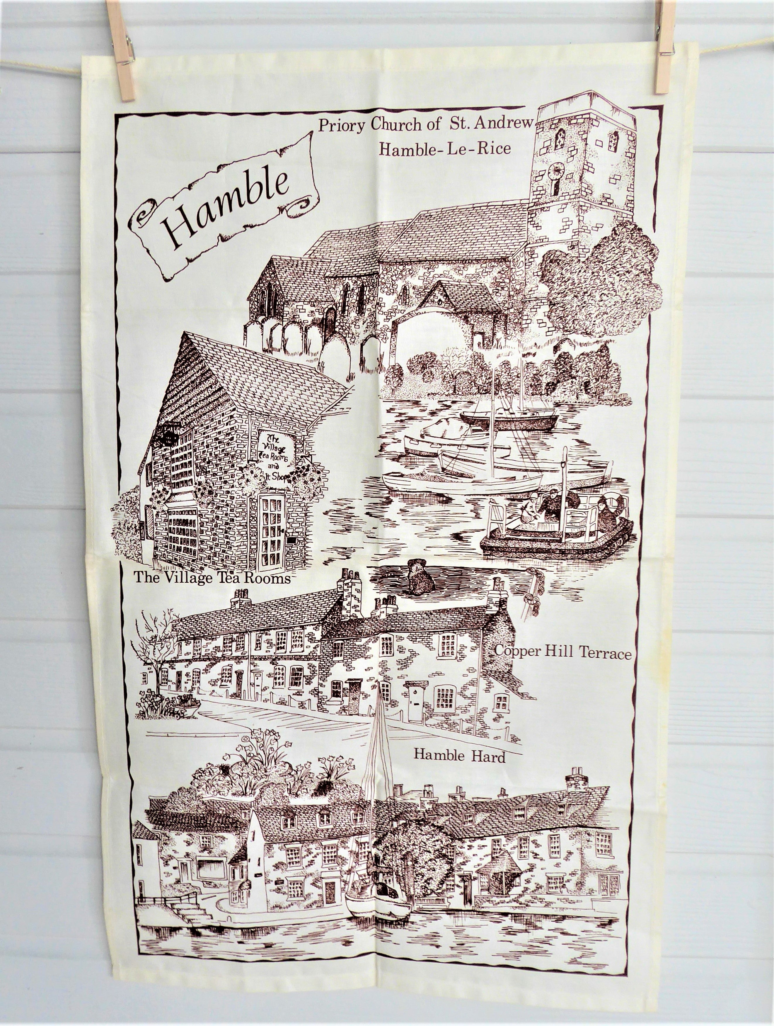 Vintage English Tea Towel - Hamble Village Hampshire Brown on White Design with 1970s Landmarks | Perfect for Kitchen Decor, Gift, and Collectibles