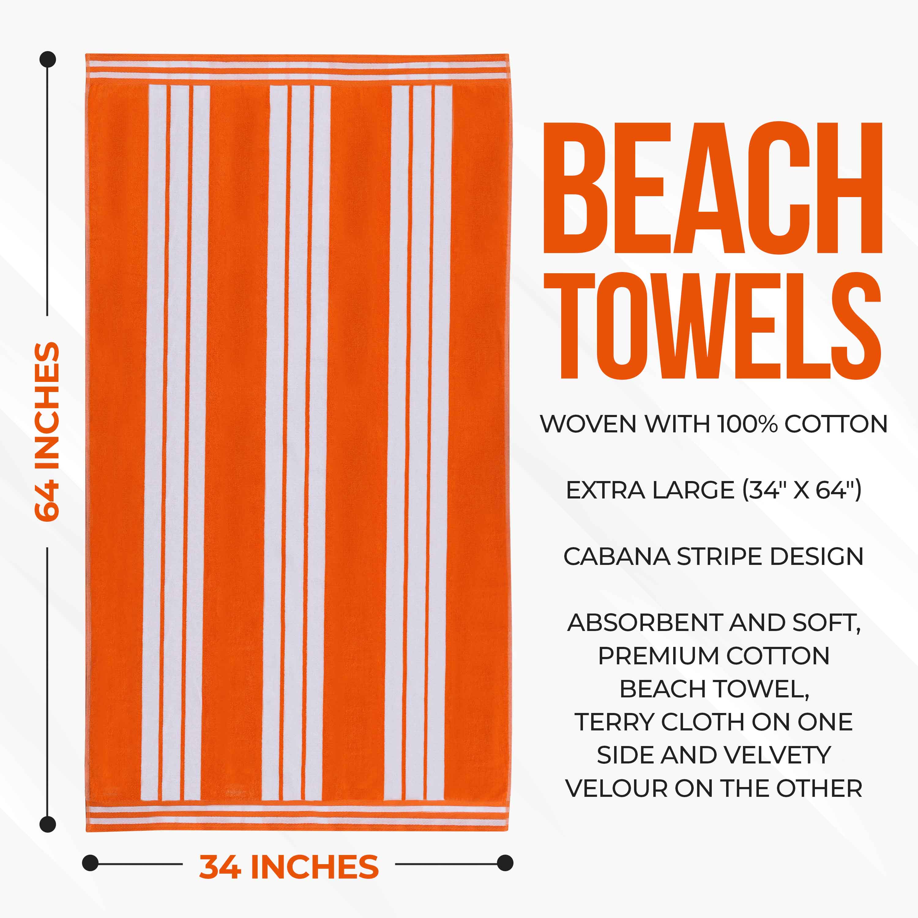 Premium Oversized Cabana Striped Cotton Beach Towel Set - 2, 4, or 6 Pack - Soft Quick-Dry Bath Towels for Pool, Beach, Vacation & Spa Days