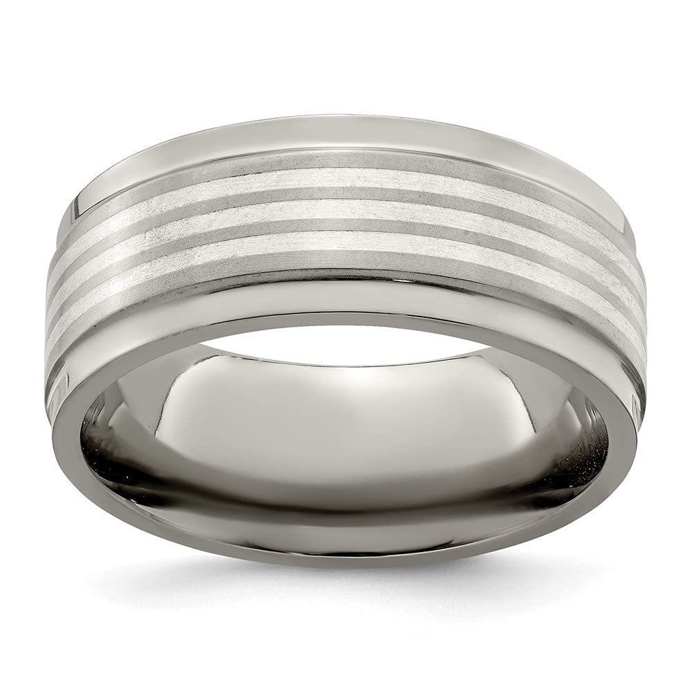 Diamond2Deal 9mm Titanium Sterling Silver Inlay Beveled Edge Wedding Band Ring for Men - Perfect for Engagement, Anniversary & Everyday Wear