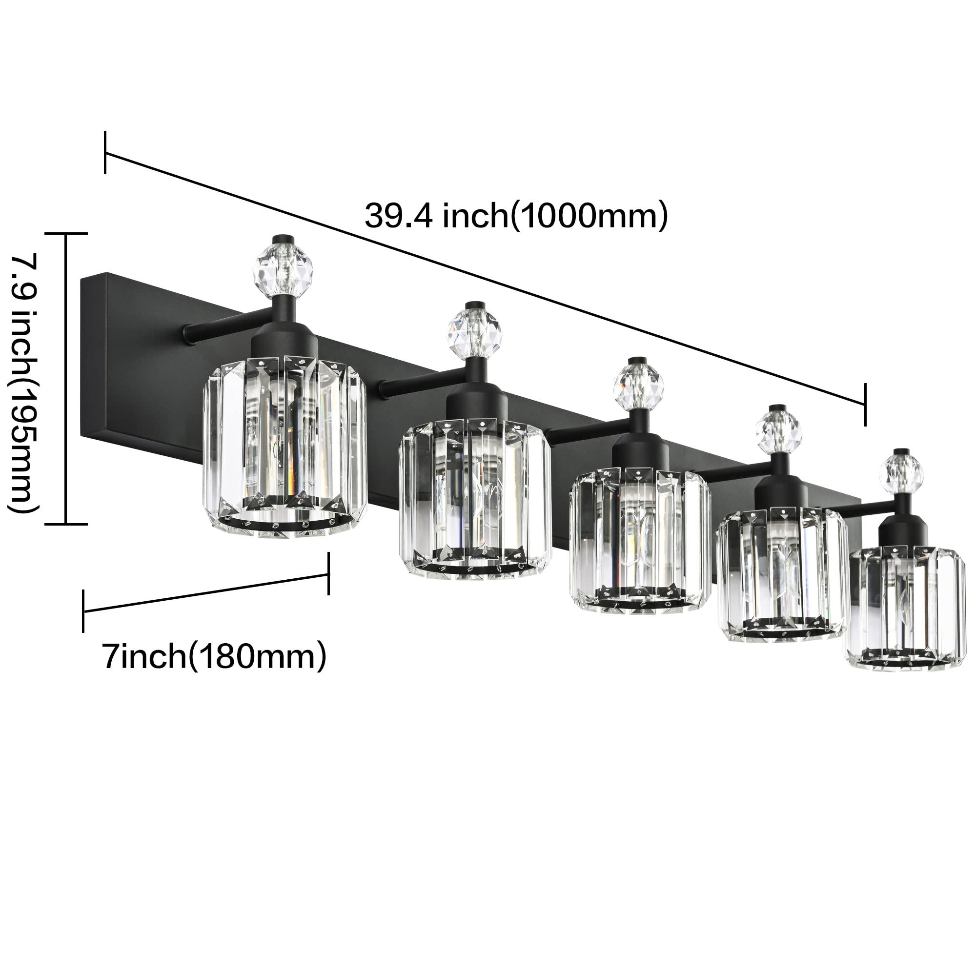 Modern Black Crystal Bathroom Vanity Light Fixture - 5-Light Wall Sconce for Mirror Lighting, Elegant Bathroom Decor (Perfect for Master Bath, Powder Room, and Spa-Style Vanity Areas)