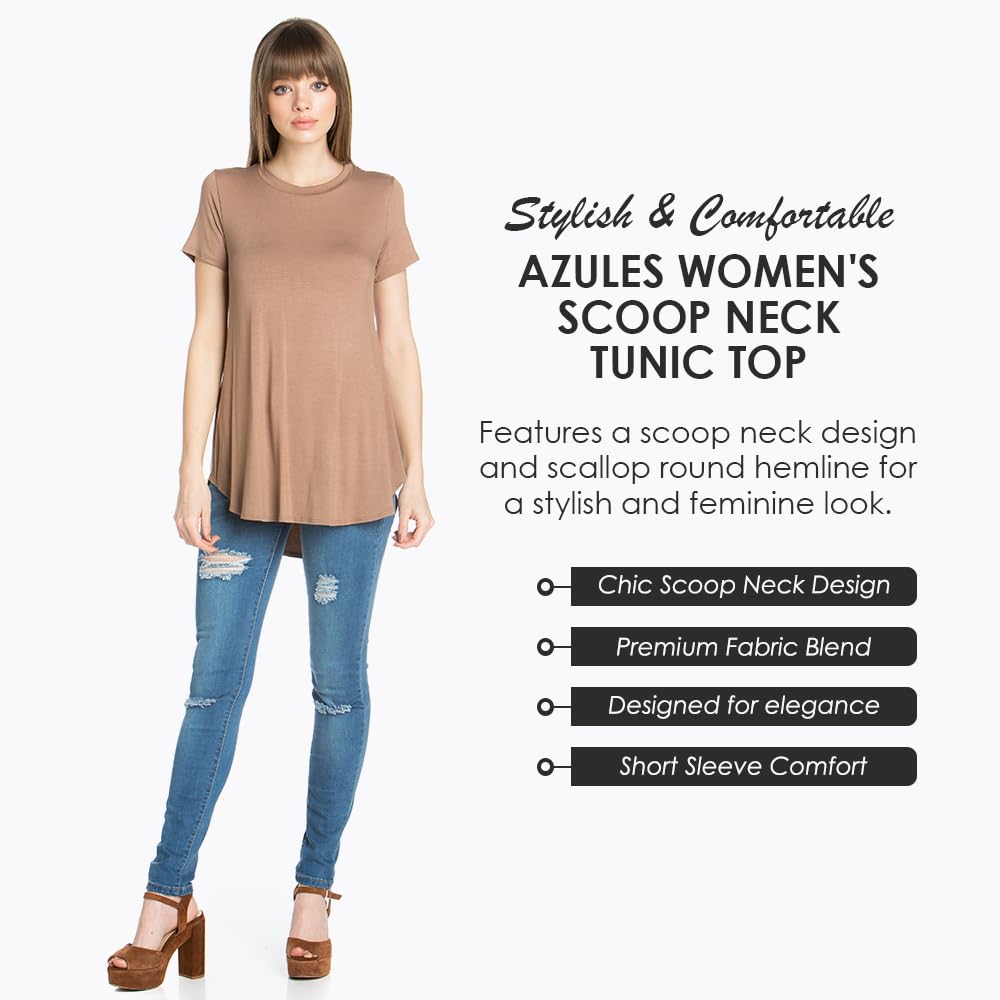 Azules Women's Short Sleeve Tunic Tops - Flowy Scoop Neck Blouse for Leggings | Casual Summer Outfits & Dressy Office Wear