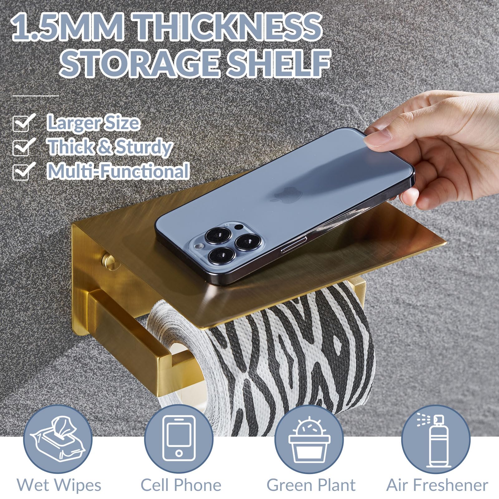 Modern Brushed Gold Toilet Paper Holder with Shelf - APLusee SUS 304 Stainless Steel Bathroom Tissue Roll Dispenser & Storage Organizer - Perfect for Contemporary Bathrooms, Powder Rooms, and Guest Baths