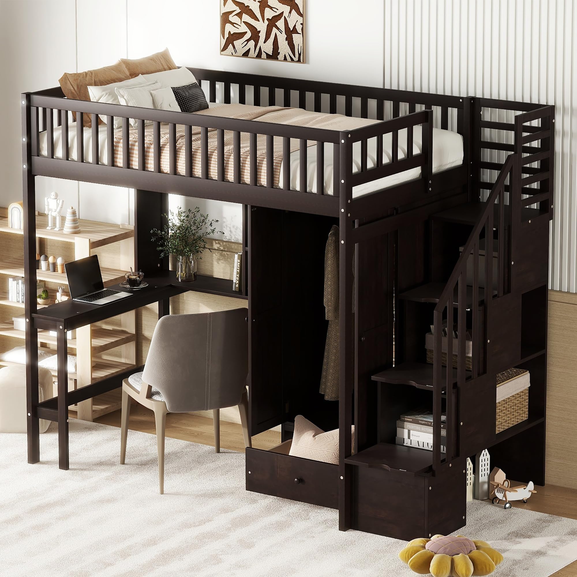 Harper & Bright Designs Twin Loft Bed with Stairs - Solid Wood Loft Bed Frame with Wardrobe, Desk, Bookshelf & Storage Drawers in Espresso | Perfect for Kids' Bedroom, Dorm Room & Small Space Organization