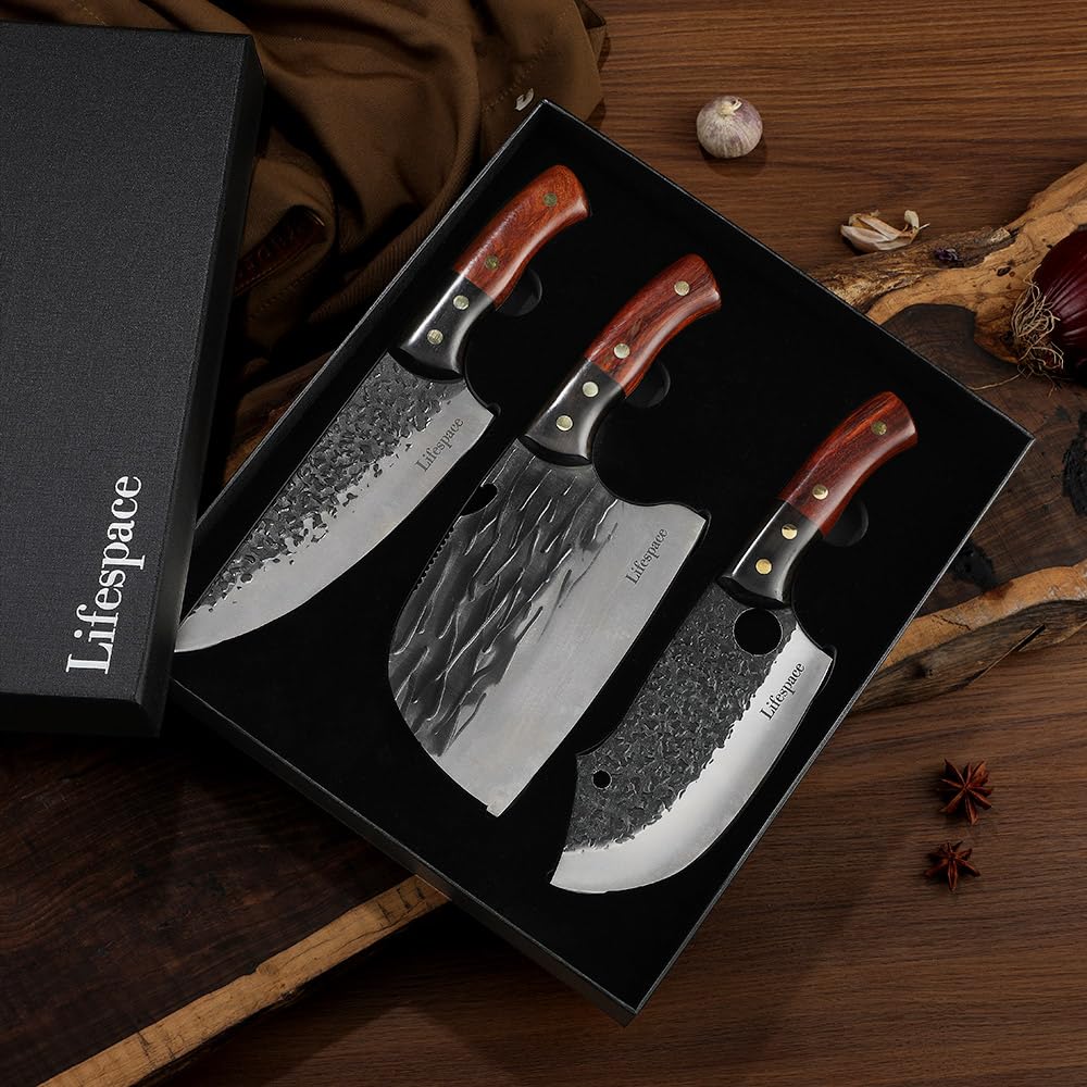 Premium 3-Piece Chef Cleaver Knife Set with Genuine Leather Sheaths - Professional Kitchen Knives for Meat, Vegetables & Herbs - Perfect Gift for Chefs & Cooking Enthusiasts