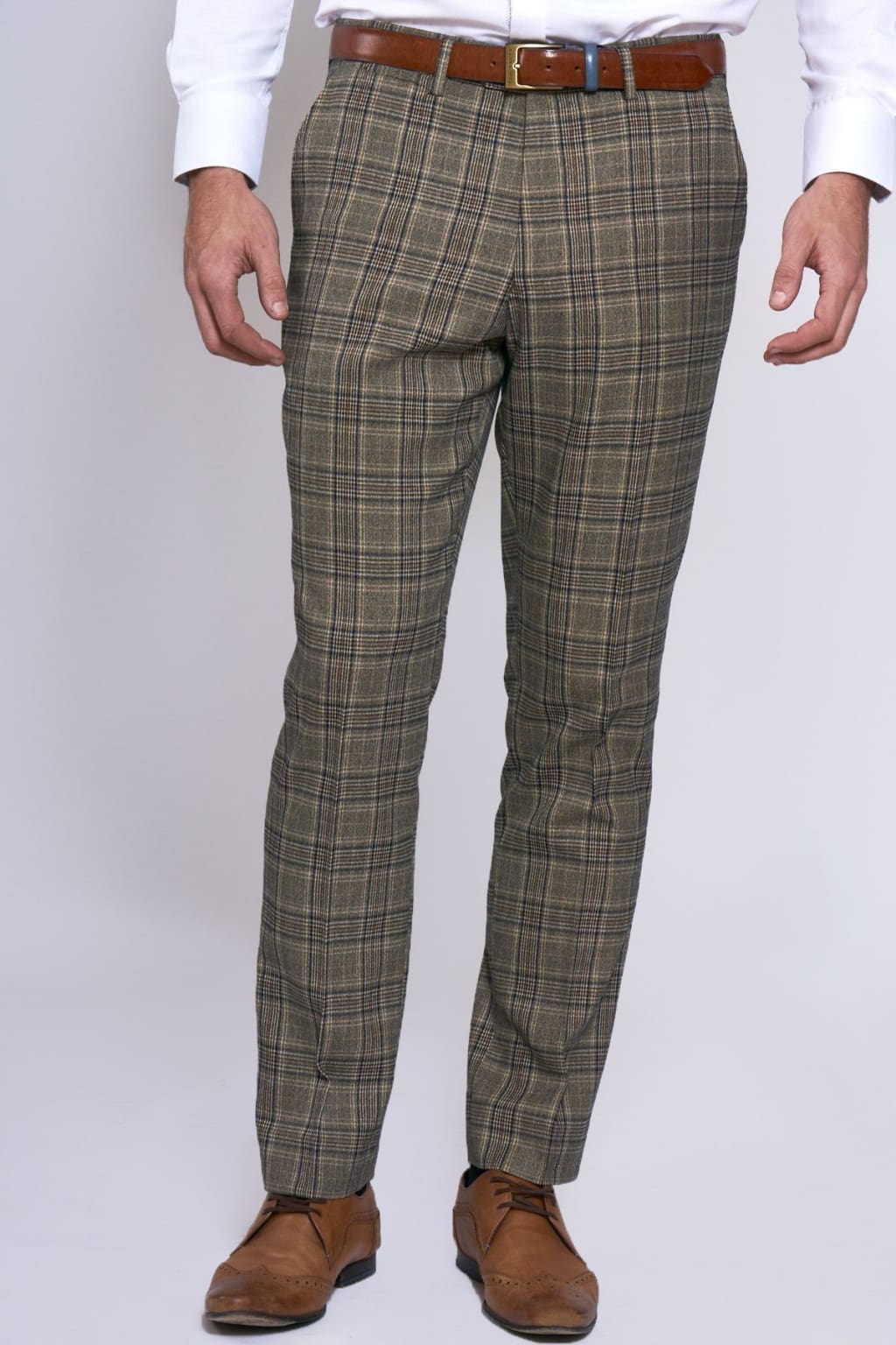 Marc Darcy Enzo Tan Check Tweed Trousers for Men - Classic Slim Fit Dress Pants for Office, Business & Formal Occasions