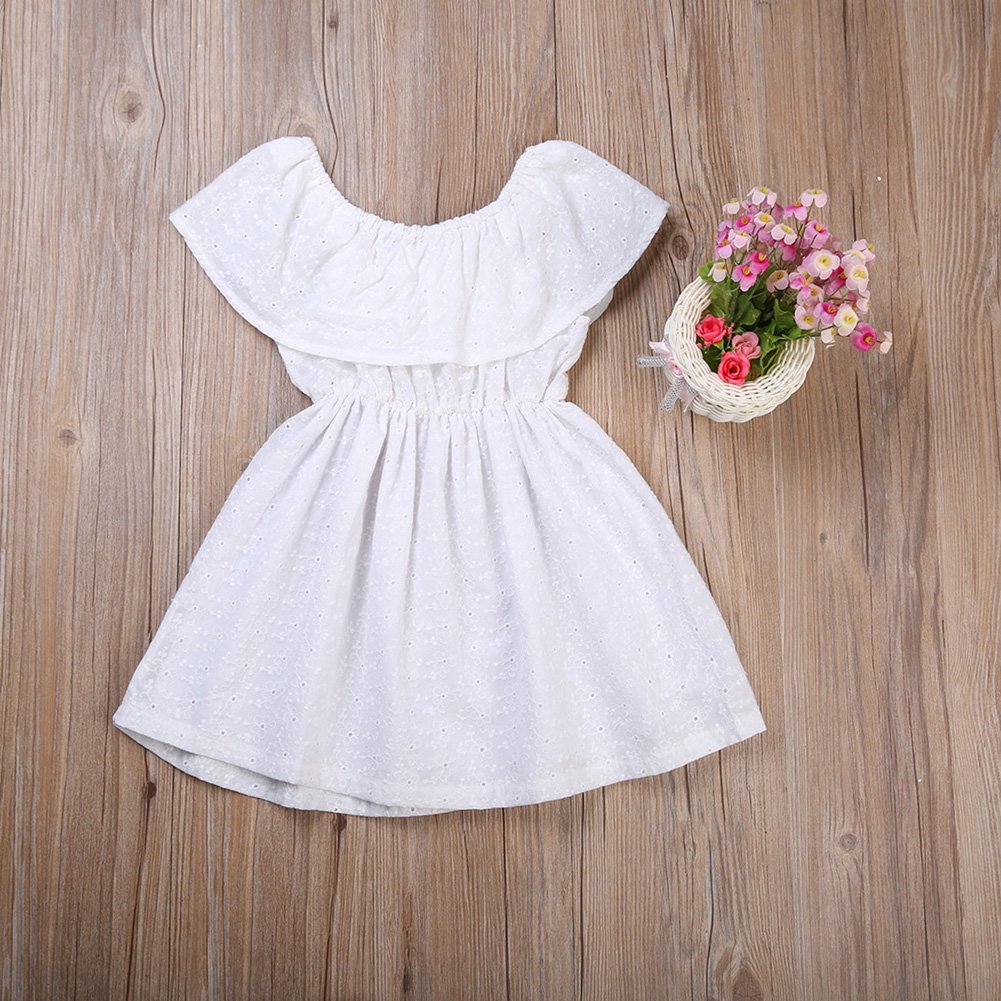 Toddler Girls' Off-Shoulder Lace Ruffle Mini Dress - White Summer Baby Dress for Photoshoots, Parties & Beach Outings