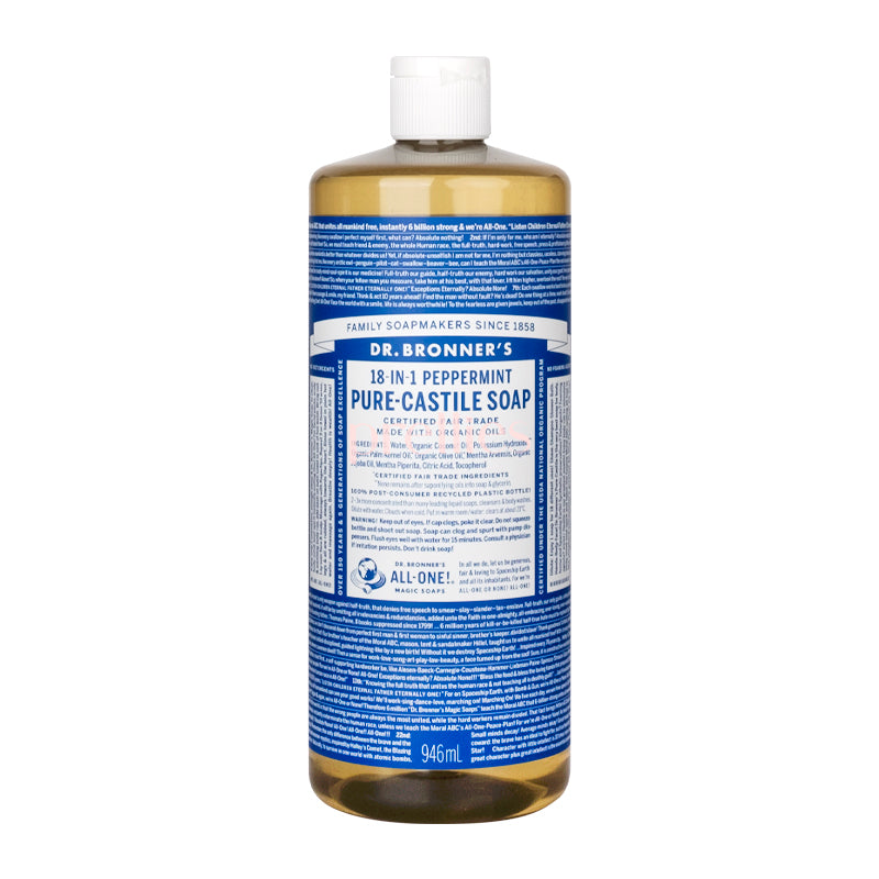 Dr. Bronner's Organic Peppermint Pure-Castile Liquid Soap - 18-in-1 Uses, 32oz (946ml) - All-Natural Body Wash, Shampoo, Face Cleanser & Household Cleaner - Perfect for Travel, Camping & Eco-Friendly Home Use