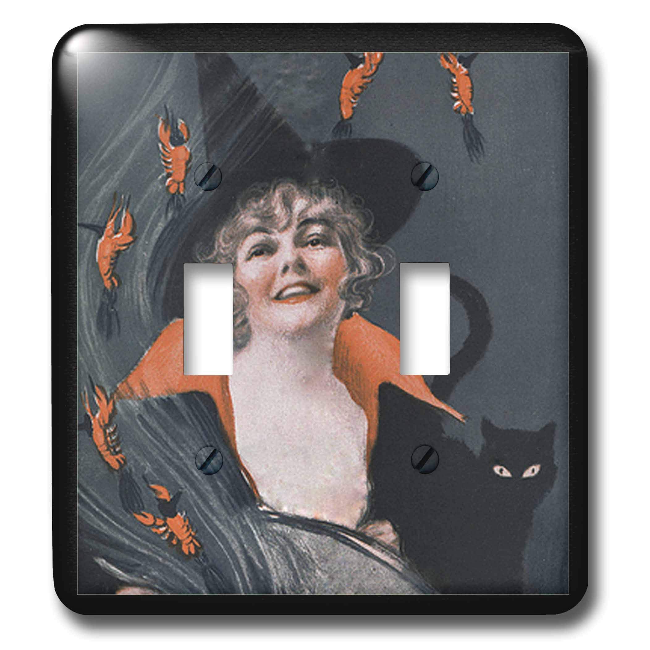 Happy Witch and Black Cat Double Toggle Switch - 3dRose lsp_36408_2 - Perfect for Halloween Decor, Witchcraft Room, and Gothic Home Accessories