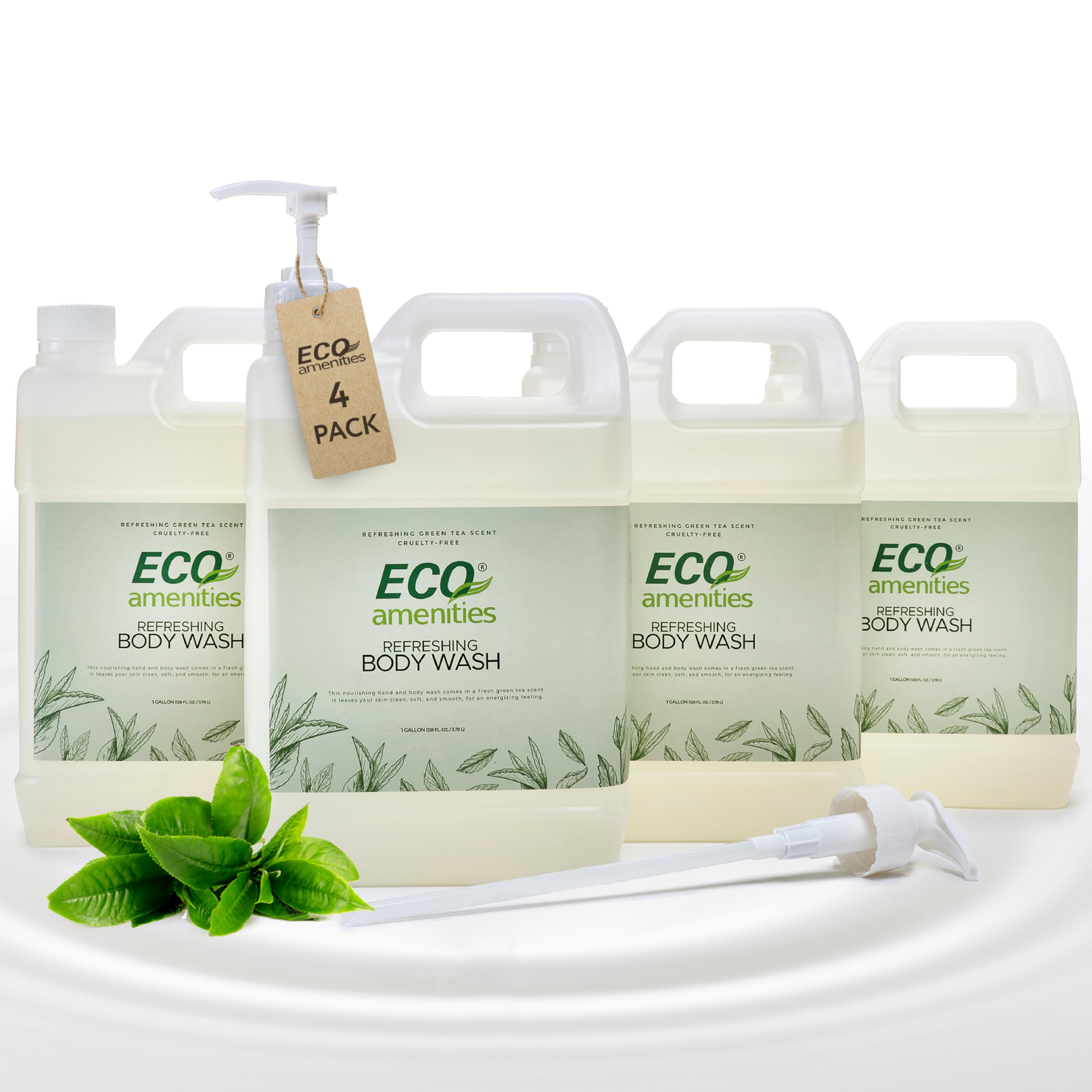 Eco-Friendly 1 Gallon Hand & Body Wash Refill - Green Tea Scent (4-Pack) | Bulk Liquid Soap for Home, Spa & Commercial Use