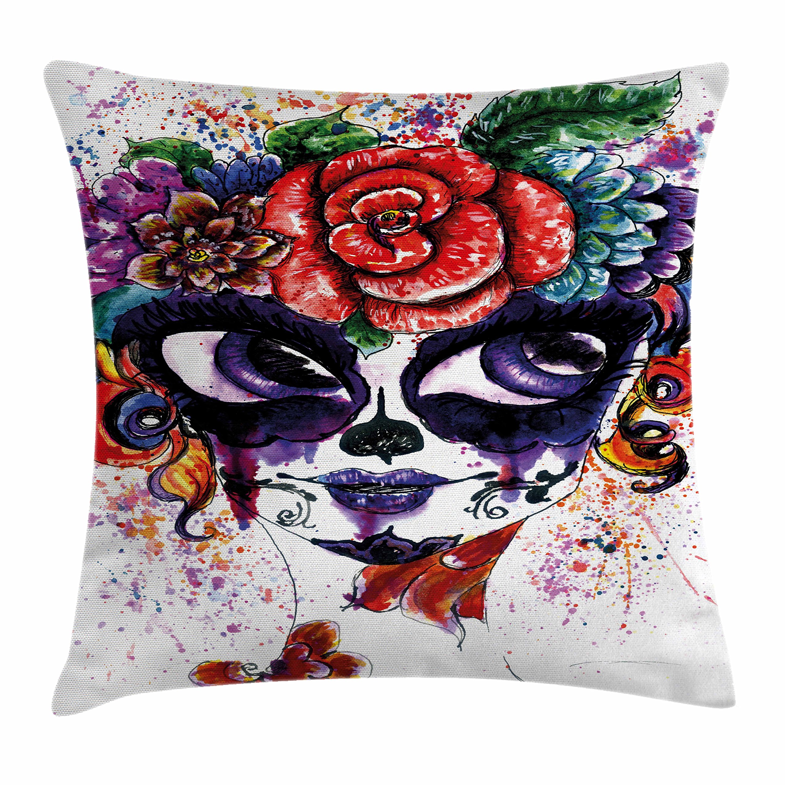 Ambesonne Sugar Skull Throw Pillow Cover 36x36 Inches - Watercolor Floral Crown Mexican Day of the Dead Decor, Bohemian Home Decor for Living Room, Bedroom, Dorm (Multicolor)