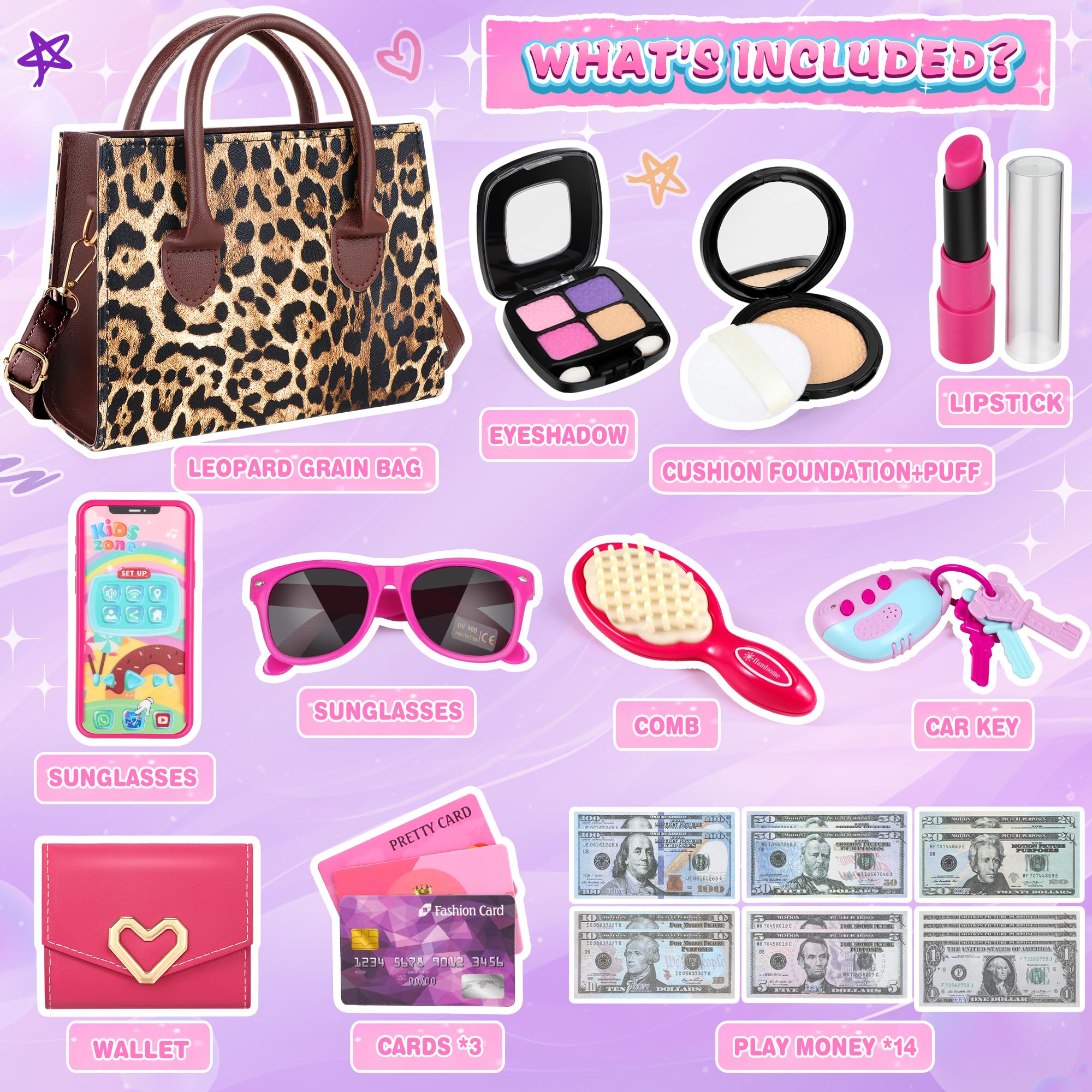 GIFTINBOX Pretend Play Toddler Purse for Girls Age 3-8 - Princess Toy Handbag with Accessories for Kids - Best Birthday Gift for 3 4 5 6 7 8 Year Old Girls - Perfect for Role Play, Dress Up & Tea Party Fun