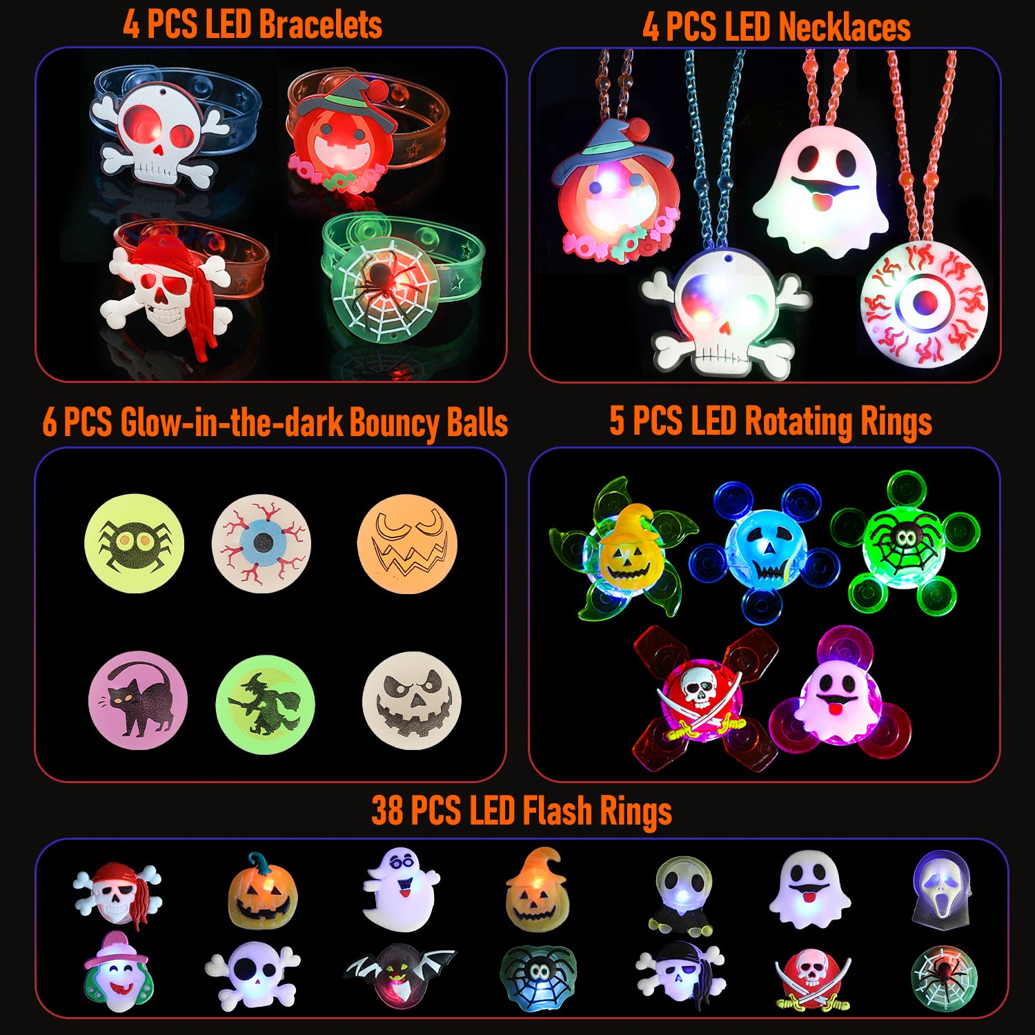 **57 PCS Halloween Party Favors for Kids - LED Flash Rings & Light Up Necklaces, Glow in the Dark Halloween Decorations & Toys, Perfect for Trick-or-Treating, Classroom Treats & Spooky Party Supplies**