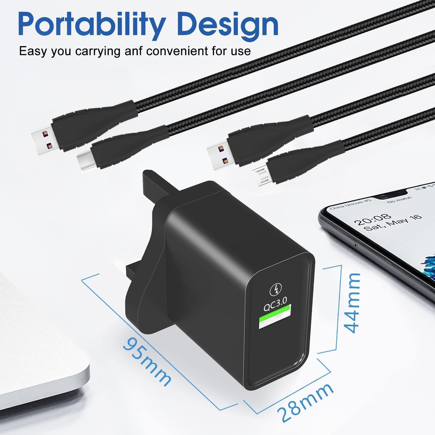 18W Fast Charger UK Plug with Micro USB & Type C Cable - Compatible with Kindle Fire HD 7/8/10/8 Plus (2015-2022), HD 10 Kids Edition, Paperwhite, Oasis - Quick Charge 3.0 Adapter for Home, Office & Travel Charging