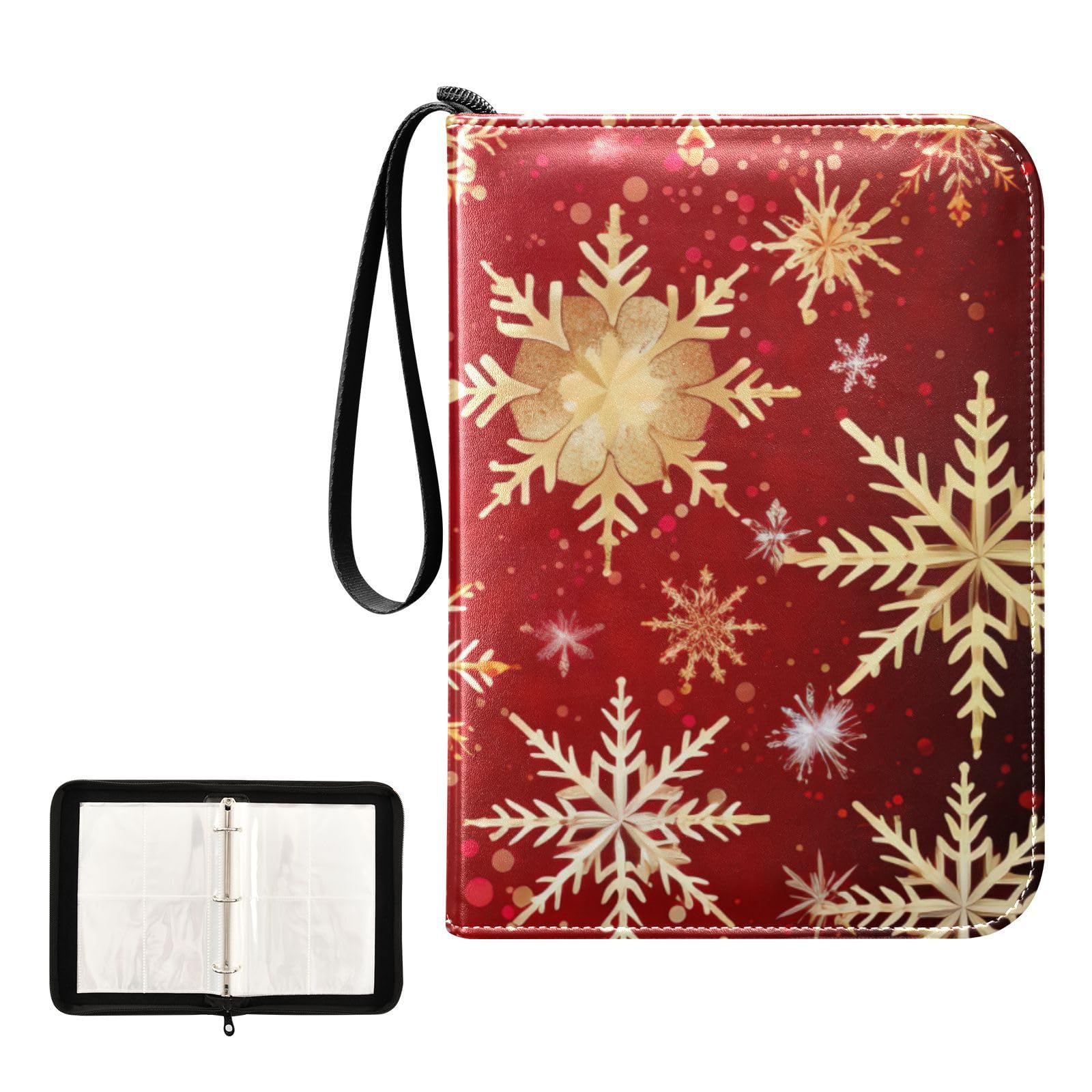 Christmas Gold Snowflakes Red 4-Pocket Trading Card Binder with 50 Sleeves - Holds 400 Cards, 3-Ring Design for Sports & Collectible Cards - Perfect for Holiday Gifts, Card Trading & Storage
