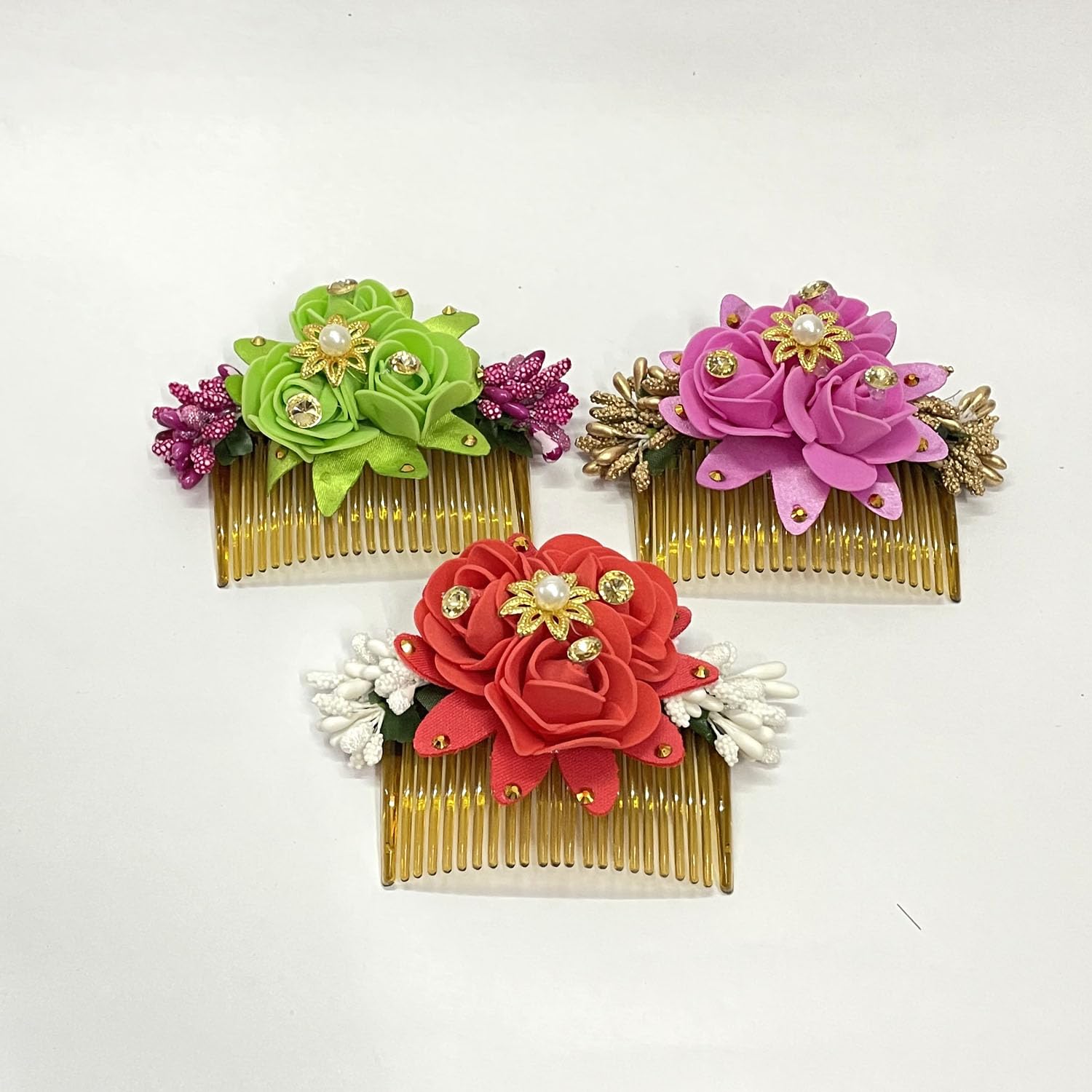 Elegant Bridal Hair Bun Comb Clips with Flowers - Wedding Hair Accessories Set of 3 for Brides, Prom, and Special Occasions