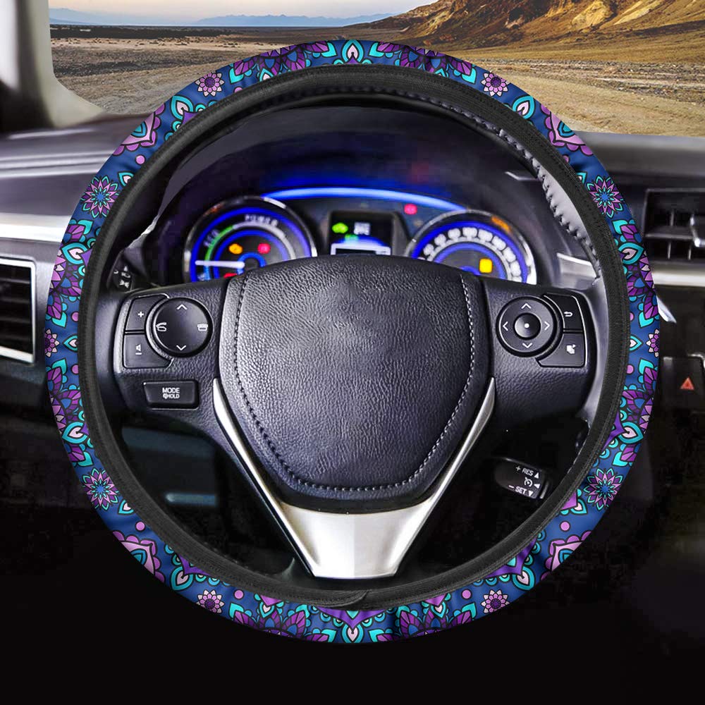 Bohemian Lotus Car Seat Covers Full Set - Steering Wheel Cover, Armrest Cover, Seat Belt Covers & Floor Mats | Floral Auto Interior Accessories for Women | Perfect for Road Trips & Daily Commute