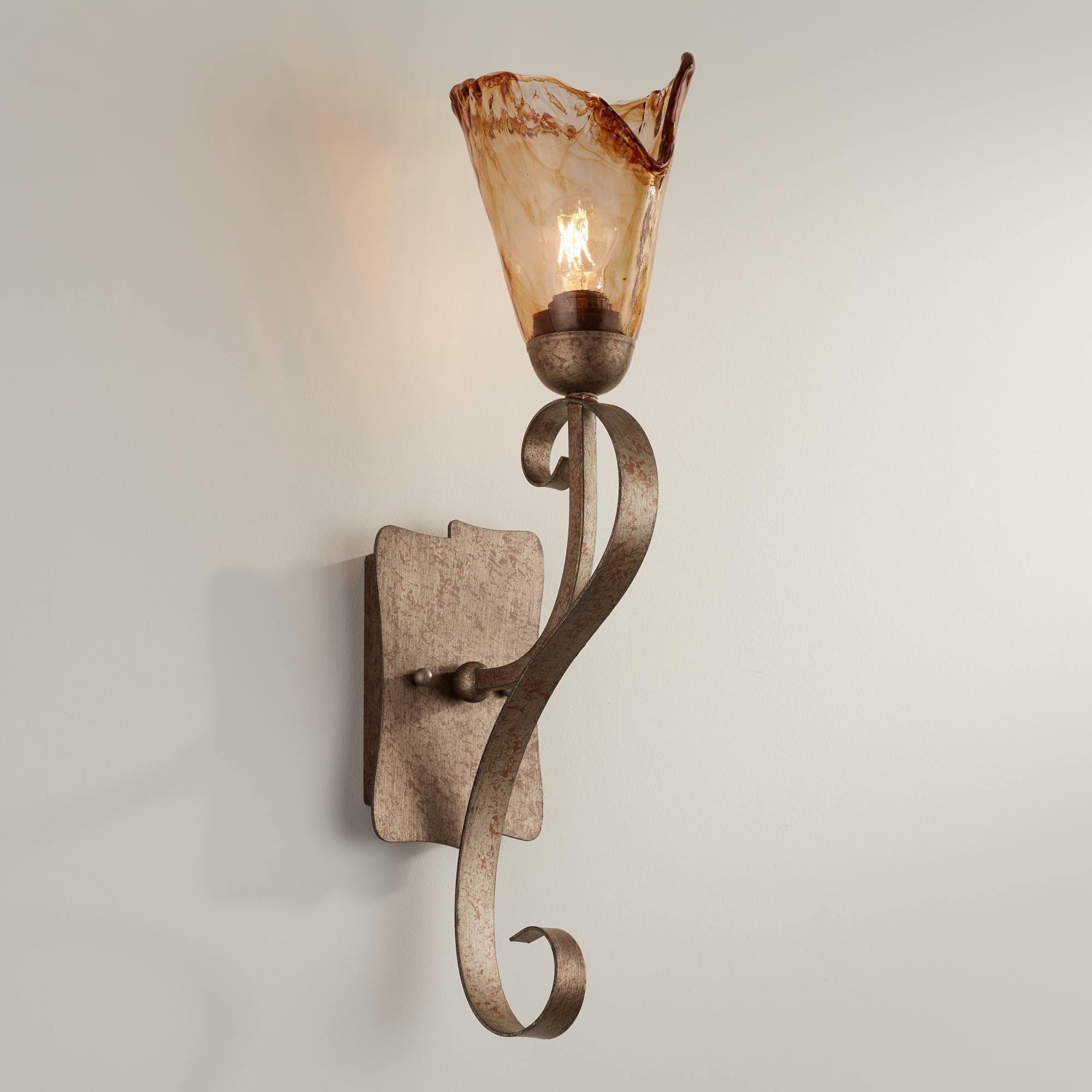 Franklin Iron Works Amber Scroll Rustic Wall Sconce - Golden Bronze Metal Hardwired Light Fixture (23.5