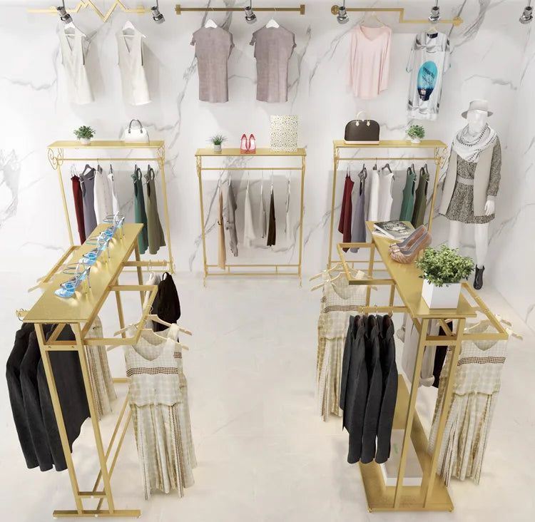 Clothing Display Stand - Floor Mounted Double Shelves for Retail Store & Boutique | Perfect for Organizing and Showcasing Apparel, Dresses, and Accessories