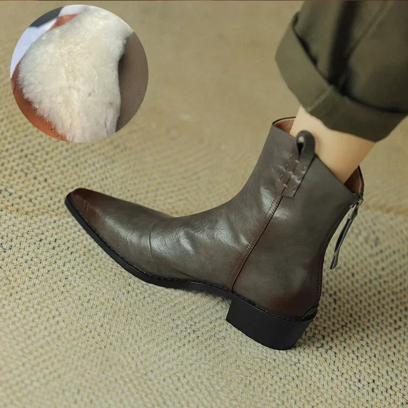 **Genuine Leather Western Boots for Women - Pointed Toe Chunky Heel Chelsea Ankle Boots, Retro Style for Autumn & Winter | Perfect for Cowgirl Fashion, Country Rides & Casual Outfits**