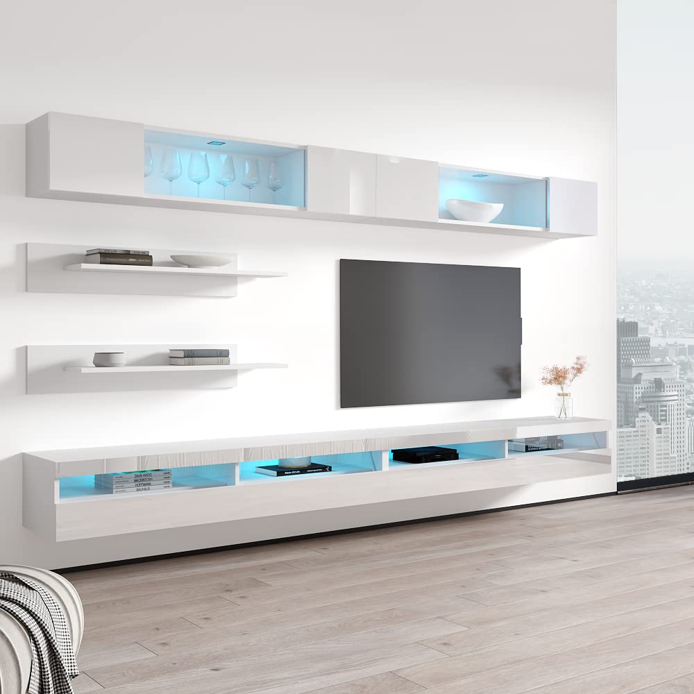 Modern Floating TV Stand with Storage & LED Lights - Wall-Mounted Entertainment Center for Living Room & Bedroom - White I3 35TV Console with Shelves - Perfect for Small Spaces & Home Theater Setup