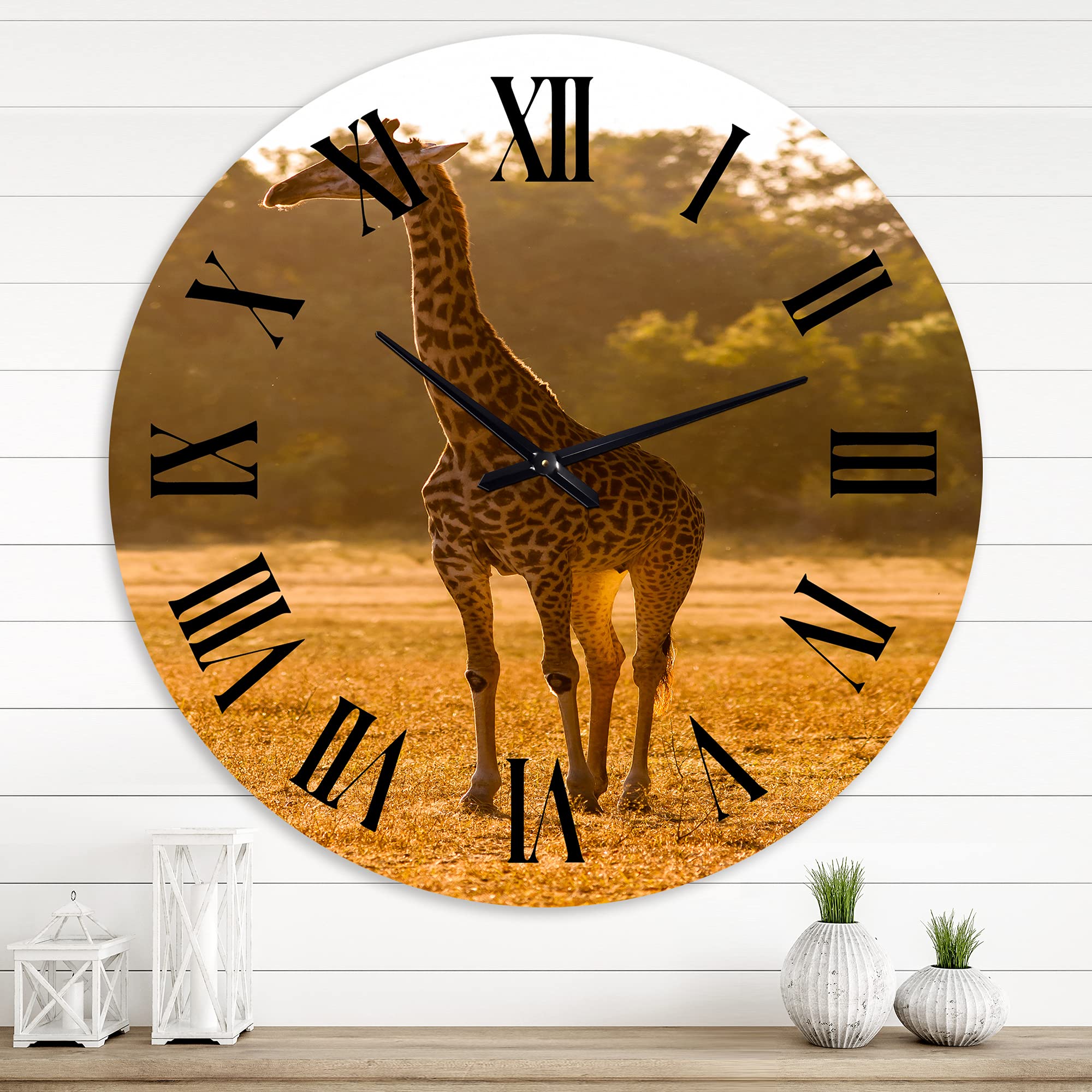 DesignQ Farmhouse Wall Clock 'African Giraffe in The Wild II' - Large Animal Wall Decor for Living Room, Kitchen, Bedroom - Rustic Home & Office Decoration