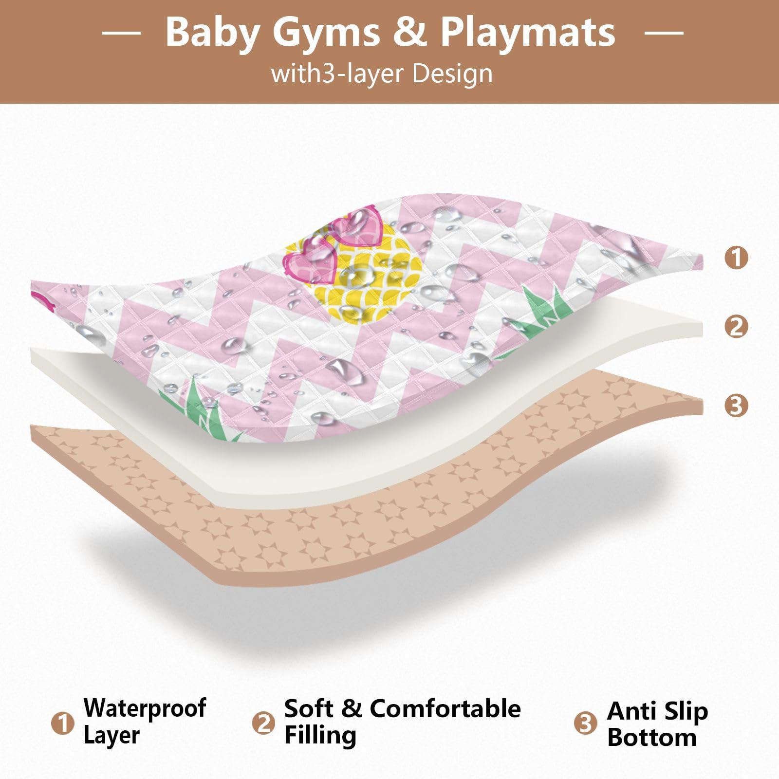 Gold Pineapple Summer Baby Play Mat - 50''x50'' Waterproof Soft Foam Activity Gym Mat for Infants & Toddlers - Indoor/Outdoor Use for Crawling, Tummy Time & Playtime