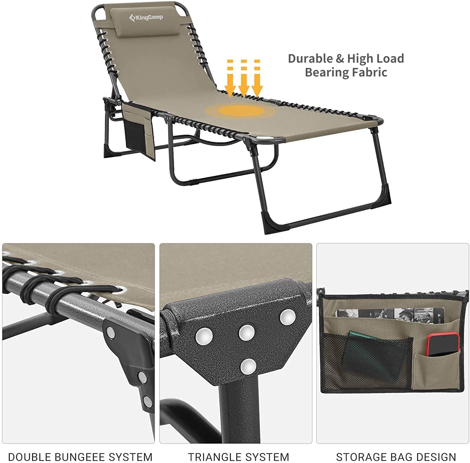 KingCamp Foldable Chaise Lounge Chair - Heavy Duty Portable Outdoor Sun Chair for Camping, Beach, Pool, Garden & Patio - Adjustable Recliner with Pillow, Lightweight for Easy Transport - Perfect for Sunbathing, Relaxing in Backyard or Travel