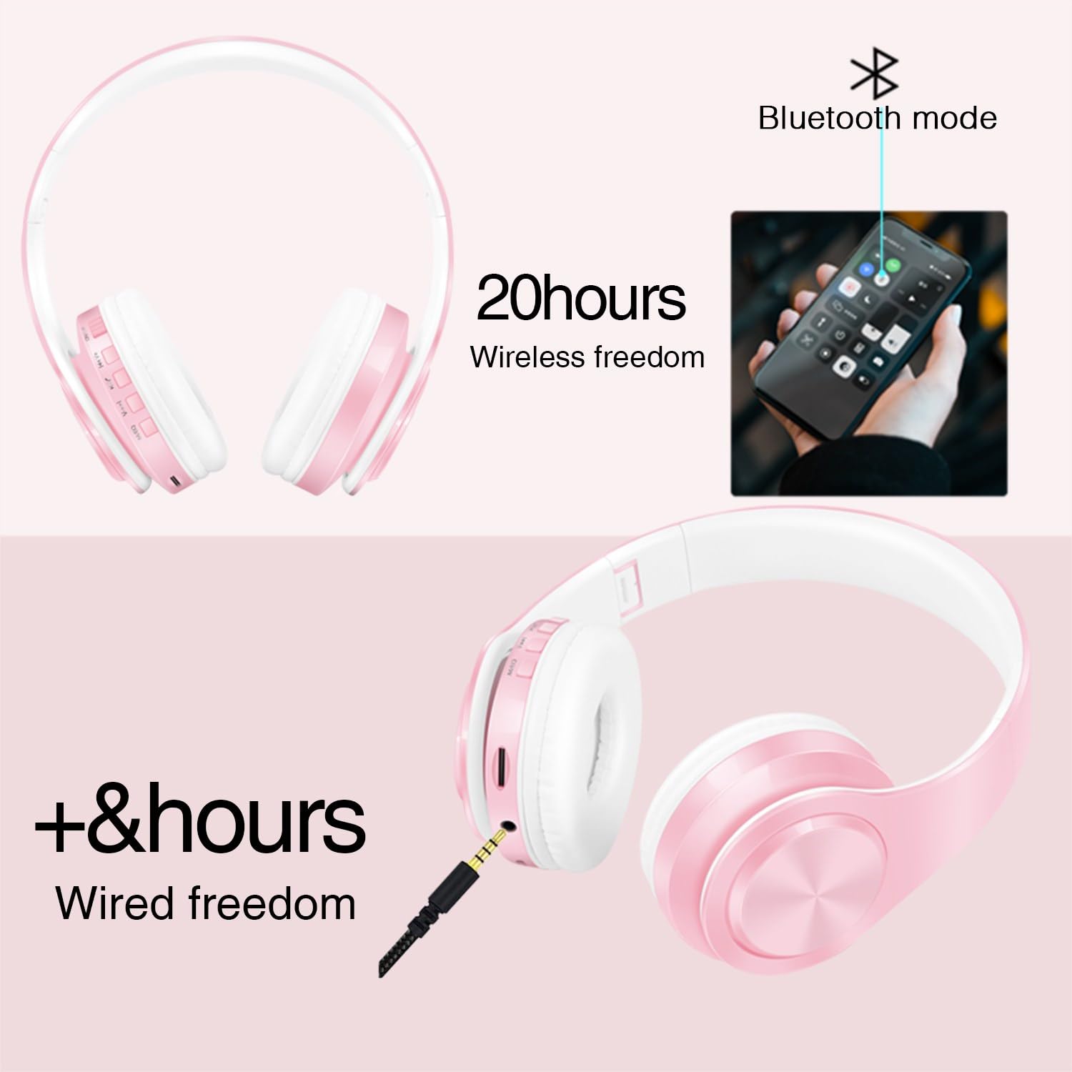 RAT TAIL V5.0 Bluetooth Headphones Wireless Over-Ear Foldable Headset with Micro SD/TF, FM, Soft Earmuffs - Lightweight for Long Wear, Compatible with Phone & PC (Pink) - Perfect for Travel, Workouts & Gaming