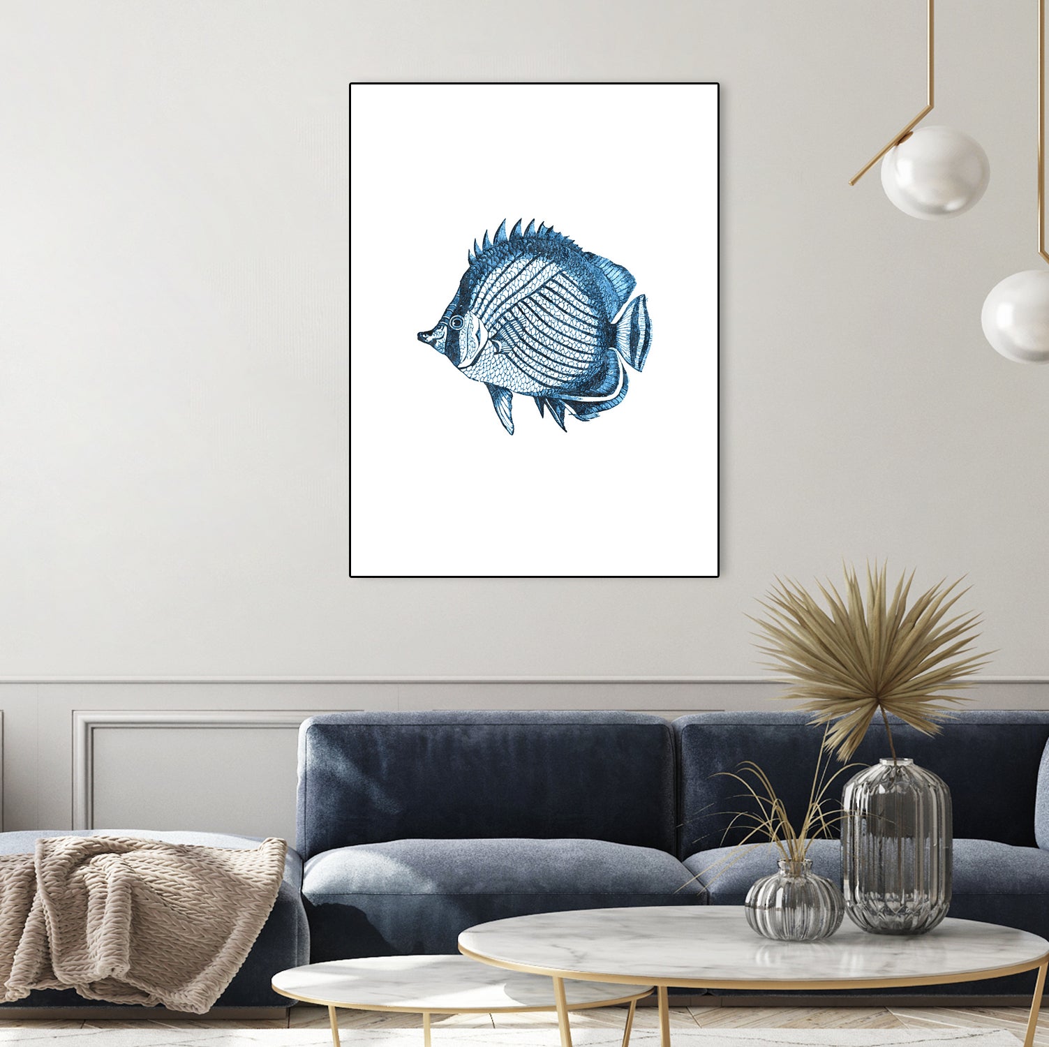 Blue Fish Illustration Wall Art - Hand-Painted Ocean Themed Decor for Living Room, Bedroom & Office | Perfect for Home, Beach House & Coastal Style Interiors