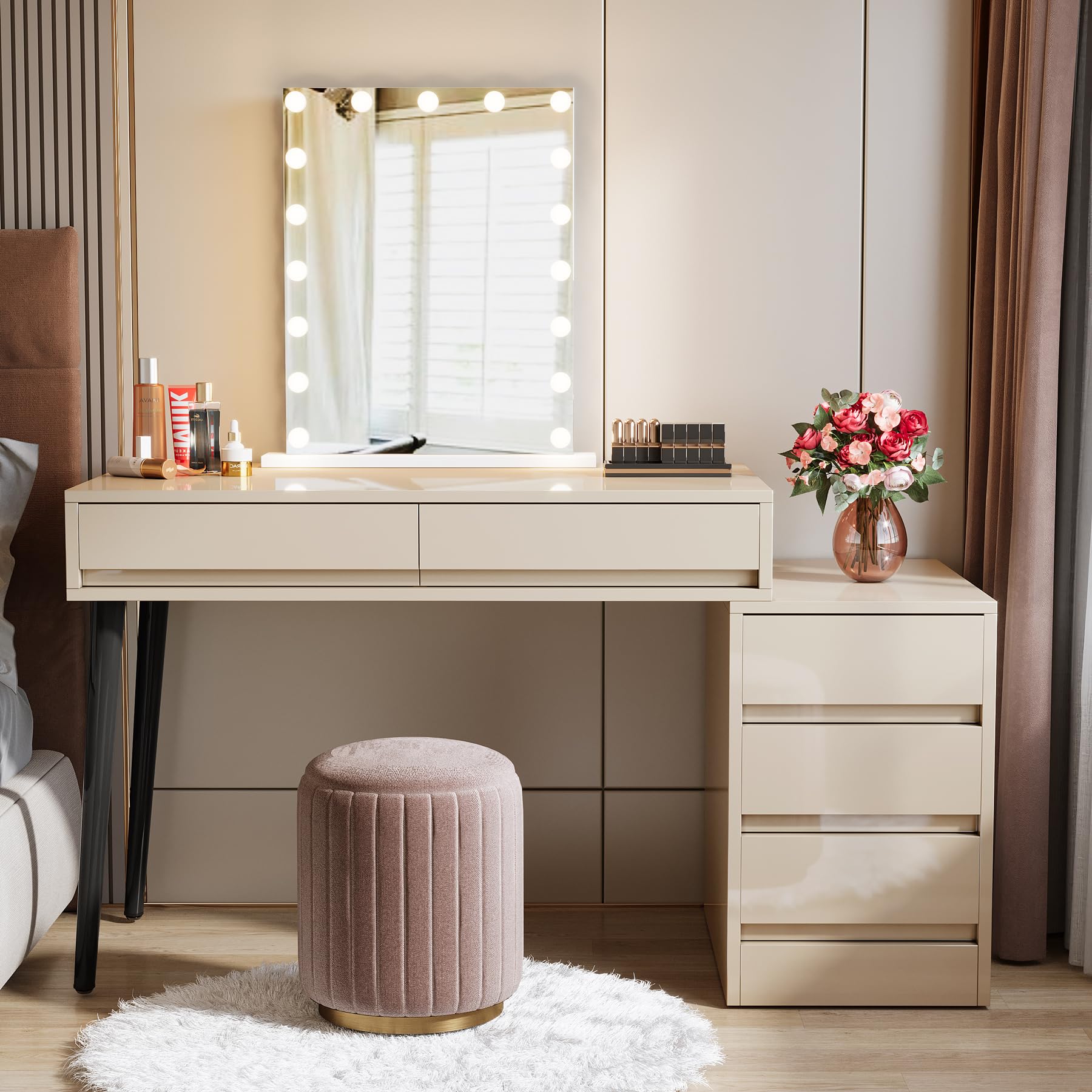 Tribesigns 5-Drawer Vanity Desk with Reversible Cabinet - High Gloss Makeup Table & Computer Desk for Bedroom or Office, Beige (No Mirror) - Perfect for Cosmetics Storage, Workstation & Home Office Organization