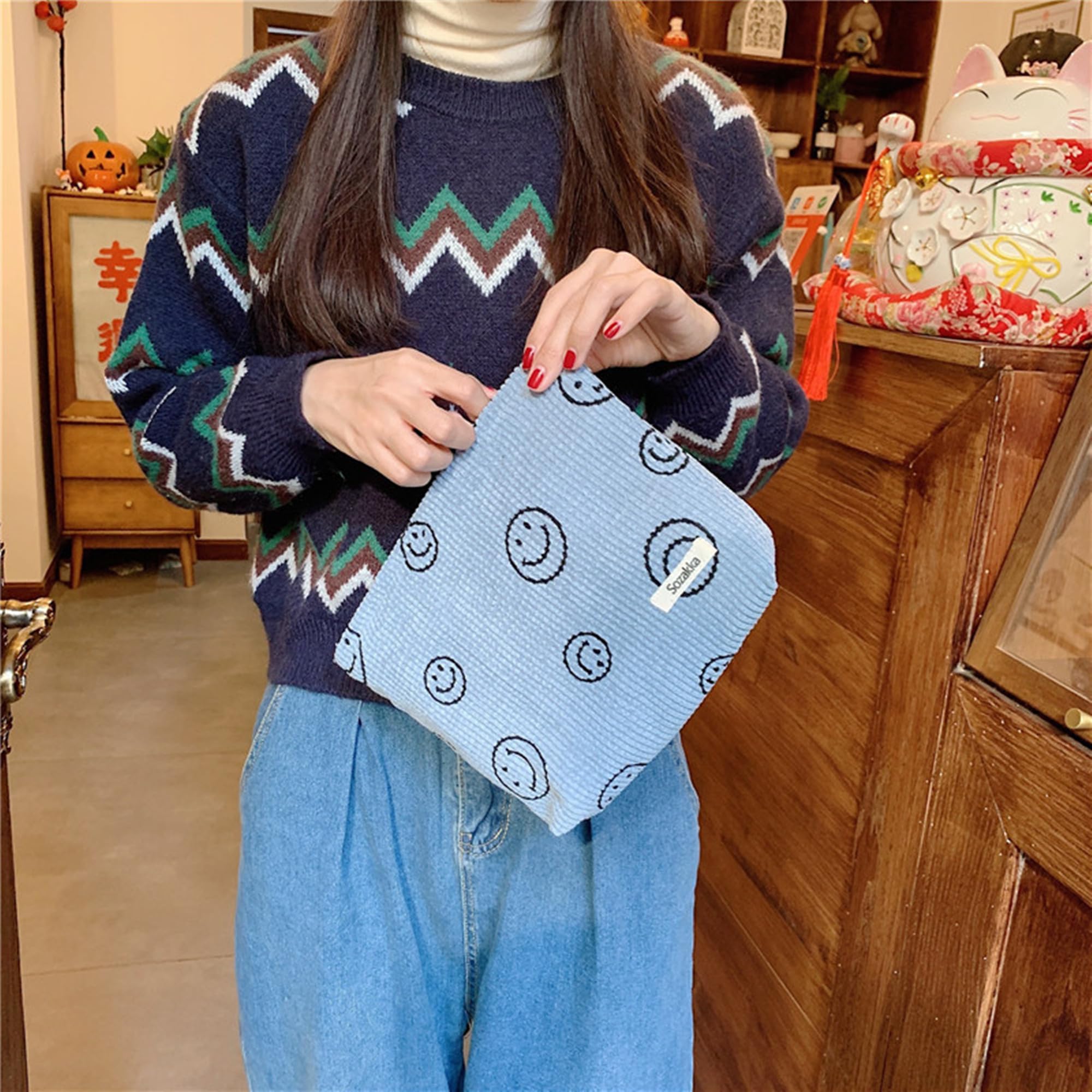 Corduroy Cosmetic Bag for Women - Aesthetic Smile Dots Makeup Organizer & Storage Pouch | Travel, Gym & Daily Use | Blue Makeup Bag for Girls & Teens