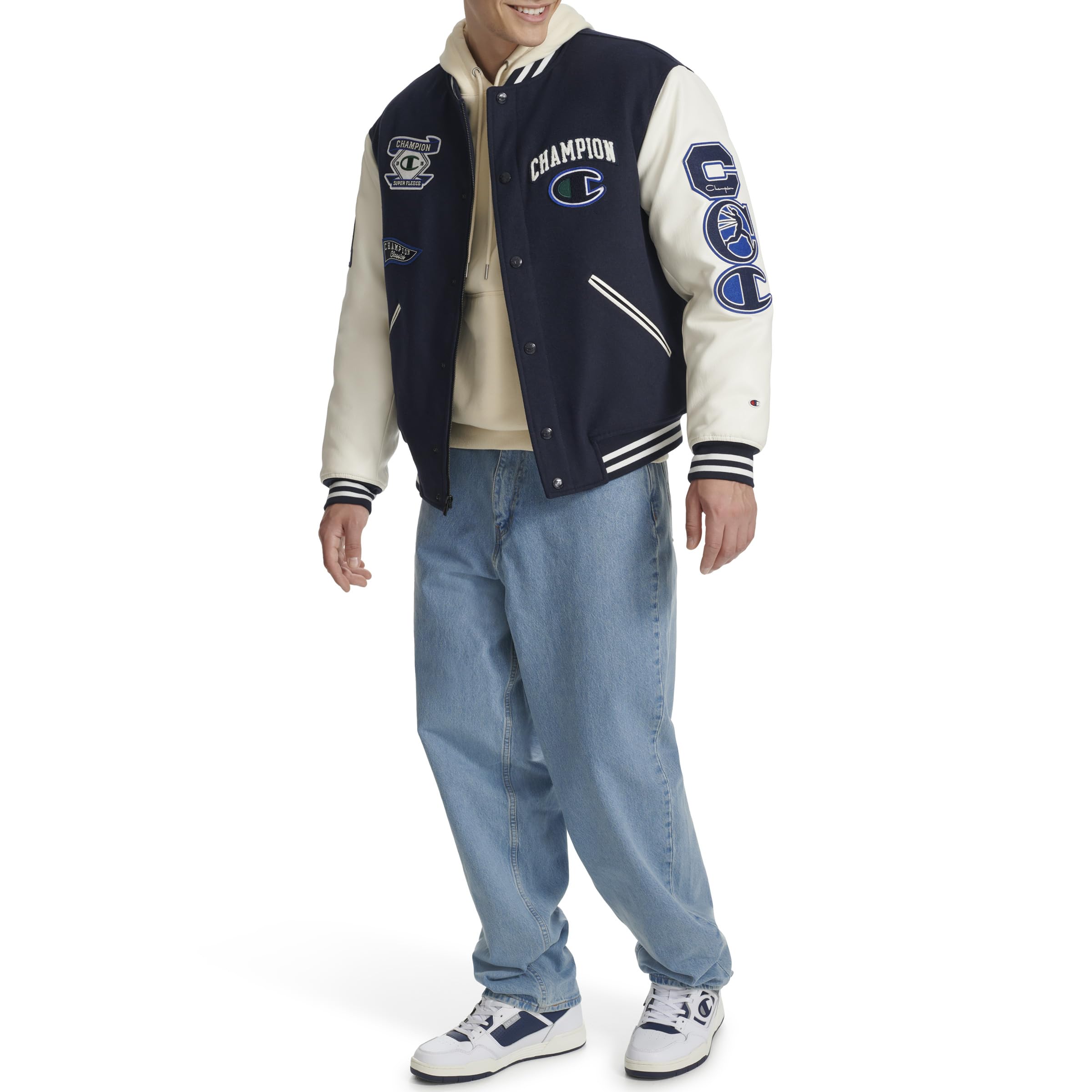 Champion Men's Letterman Varsity Bomber Jacket with Embroidered Patches - Retro Athletic Style for Casual Wear, College Sports & Street Fashion