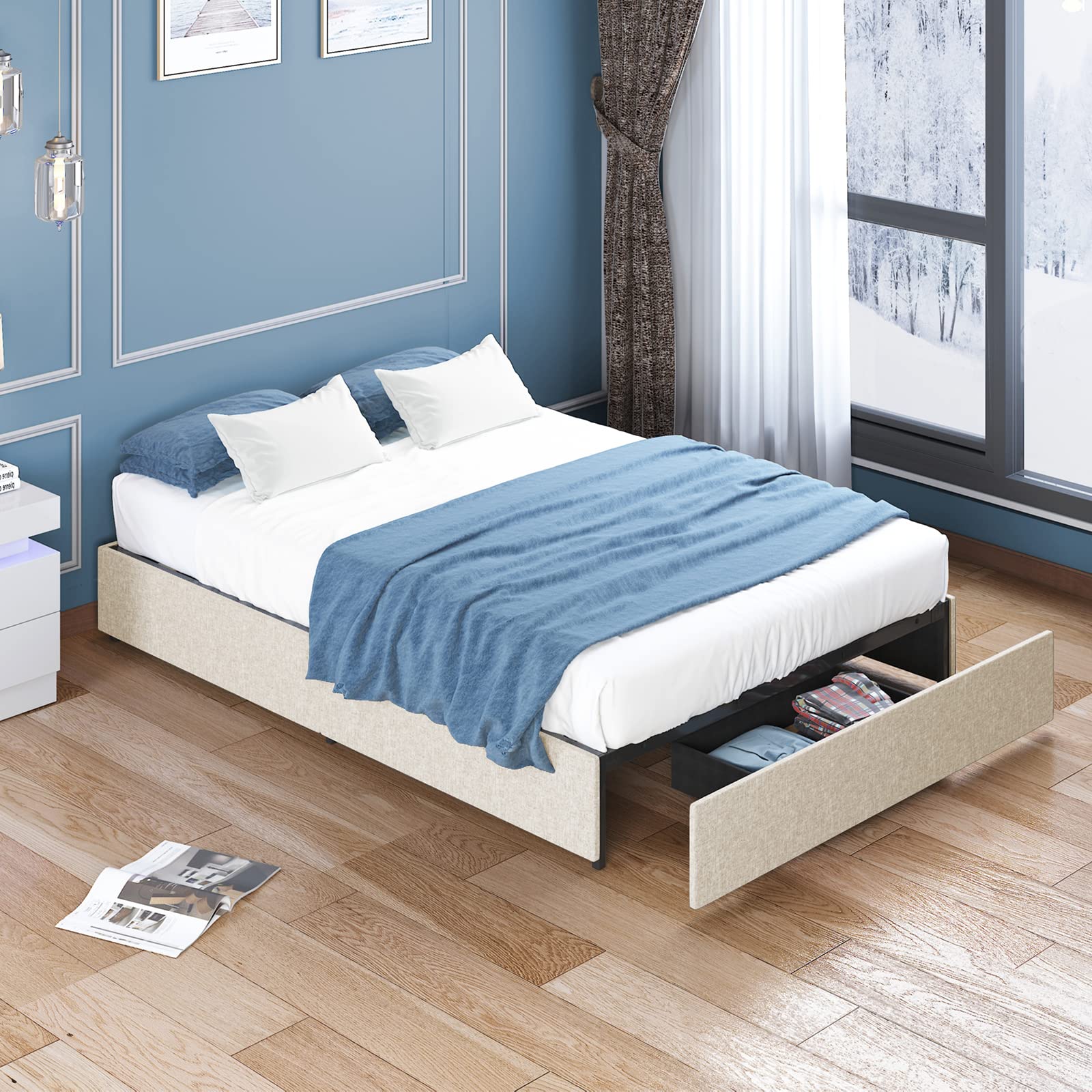 BALUS Full Bed Frame with Storage Drawers - Upholstered Platform Bed with Large Storage Space, No Box Spring Needed | Heavy Duty Wood Slat Support | Noise Free & Easy Assembly in Beige | Perfect for Small Bedrooms, Apartments & Guest Rooms