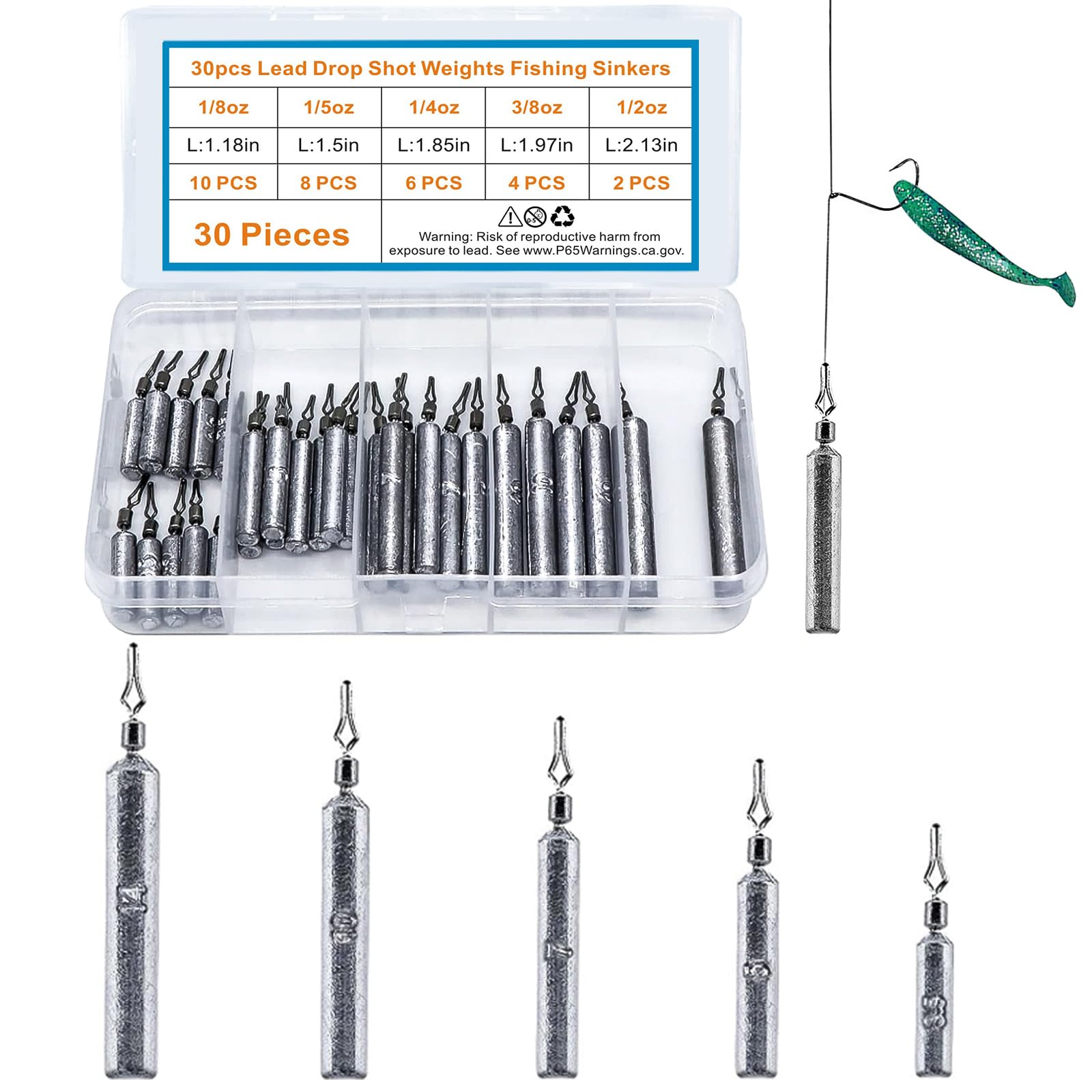 30pcs Fishing Weights Sinkers Kit - Drop Shot Weights & Fishing Sinker Assortment with Barrel Swivels | Lead Free Snag-Free Pencil Sinkers for Bass, Catfish | Freshwater & Saltwater Fishing Gear for Anglers | Perfect for Lake, River, Ocean Fishing Trips
