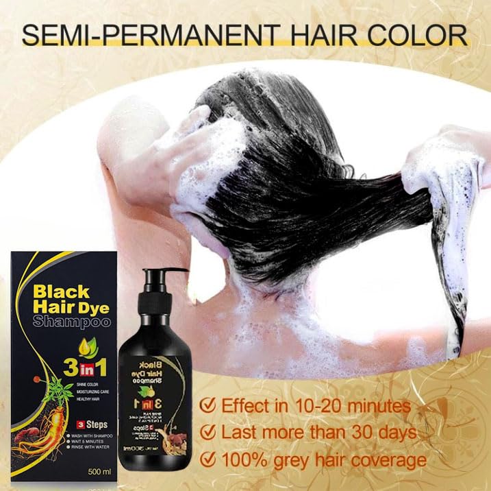 BLOSDREAM Herbal 3-in-1 Instant Black Hair Dye Shampoo for Women & Men - 100% Gray Coverage, Natural Hair Color Treatment, 300ml (Black) - Perfect for Home Use, Quick Touch-Ups & Travel-Friendly Hair Coloring