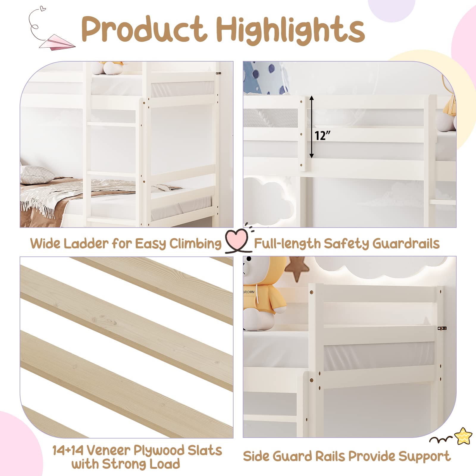 KOMFOTT Solid Wood Twin Over Twin Bunk Bed with Ladder & Safety Guardrail - Sturdy Kids Bed Frame for Dormitories, Shared Rooms & Multi-Child Families - No Box Spring Needed - Perfect for Sleepovers, Space-Saving Kids Bedrooms & Vacation Homes