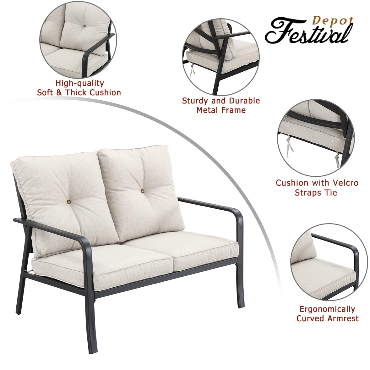 All-Weather 2-Seater Outdoor Loveseat with Metal Frame & Detachable Cushions - Patio Sofa for Porch, Balcony, Deck & Poolside - Beige - Perfect for Relaxing, Entertaining & Enjoying Outdoor Spaces