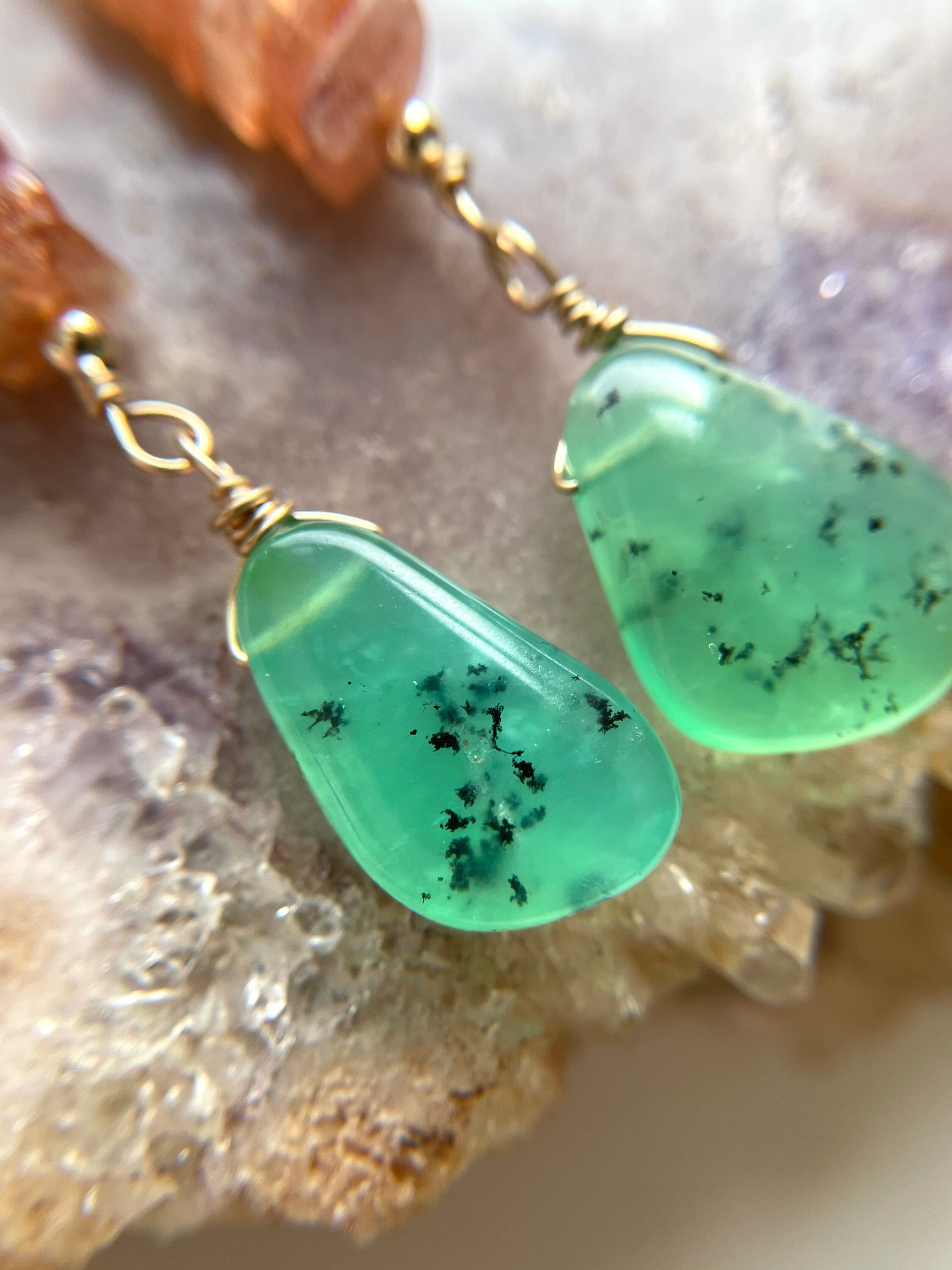 Sunstone and Chrysoprase Gold Filled Raw Crystal Earrings - Natural Gemstone Jewelry for Women, Boho Chic Style, Perfect for Everyday Wear & Special Occasions