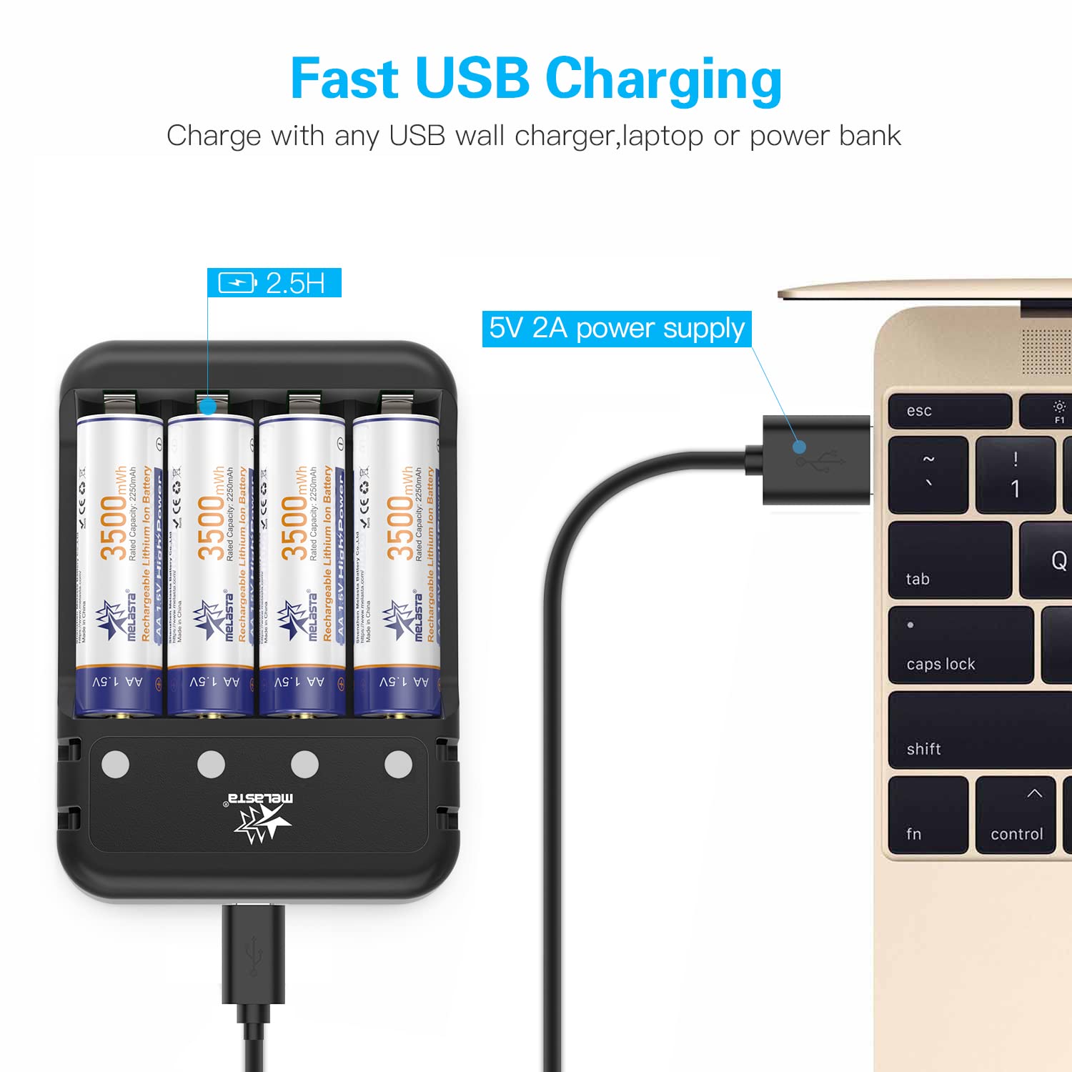 Melasta 3500mWh Rechargeable AA Lithium Batteries with USB Charger - 1.5V Constant Voltage High Power Li-ion Battery for Digital Cameras, Flashlights & Electronic Devices
