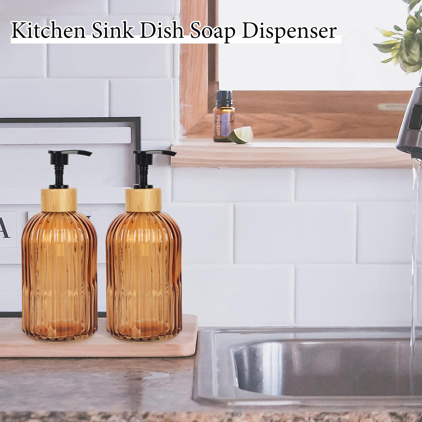 Premium 2-Pack Amber Glass Soap Dispenser with Pump - 13.5 Oz Refillable Lotion Dispenser for Bathroom, Kitchen & Vanity - Eco-Friendly Hand Soap & Dish Soap Dispenser for Home, Office & Spa Use