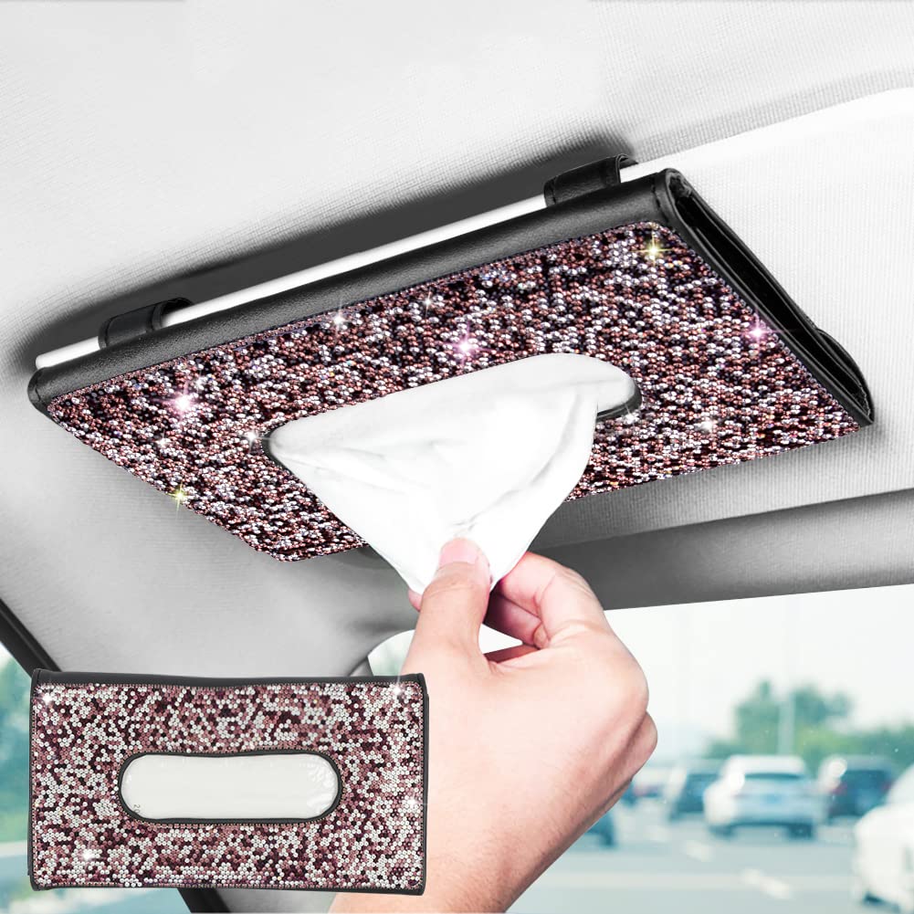 Sparkly Crystal Diamond Car Tissue Holder - Cute Bling Leather Sun Visor Napkin Organizer for Women (1-Pack, Purple) | Perfect for Car Interior Decoration & Gift Giving