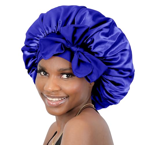 BONNET QUEEN Silk & Satin Sleep Bonnet for Women - Night Hair Cap for Curly & Natural Hair with Adjustable Tie Band (Navy Blue) - Perfect for Bedtime, Travel & Hair Protection