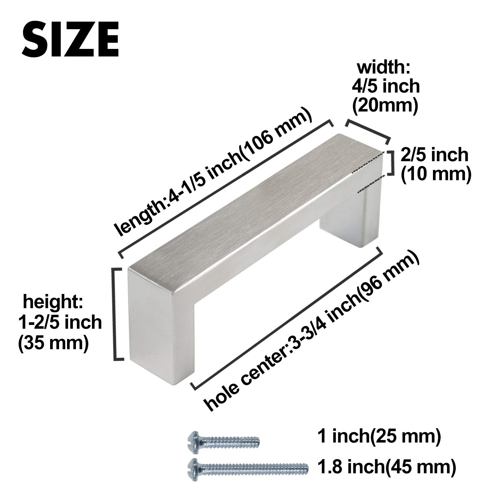 5 Pack Brushed Nickel Cabinet Handles - 3-3/4 Inch (96mm) Hole Center Square Bar Drawer Pulls, Stainless Steel Wide Style Kitchen Cabinet Hardware for Dresser, Cupboard & Home Renovation - Perfect for Modern Kitchen & Bathroom Upgrade