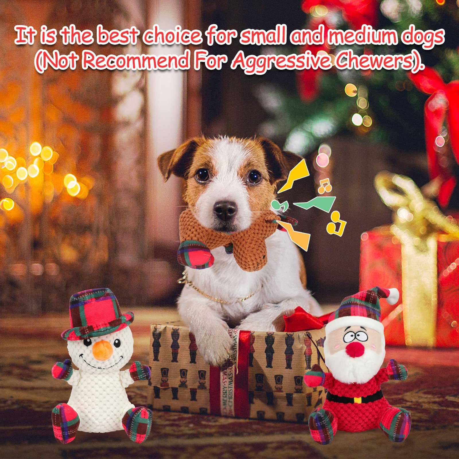 Rypet 3 Pack Christmas Dog Toys - Durable Plush Chew Toys for Small & Medium Dogs - Interactive Pet Stuffed Animals for Playtime & Training