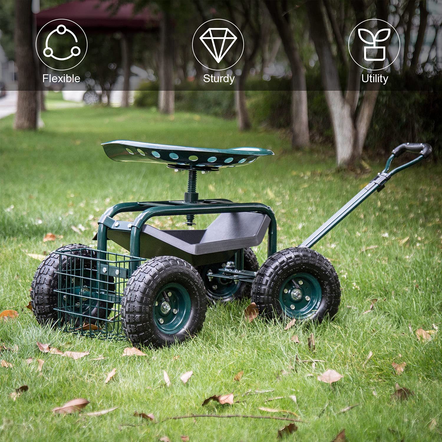 Heavy-Duty Garden Cart with Swivel Seat & Wheels - Foldable Gardening Wagon with Extendable Handle & Tool Tray for Planting, Yard Work & Outdoor Use - Perfect for Patio Maintenance, Landscaping & Backyard Projects (Green)